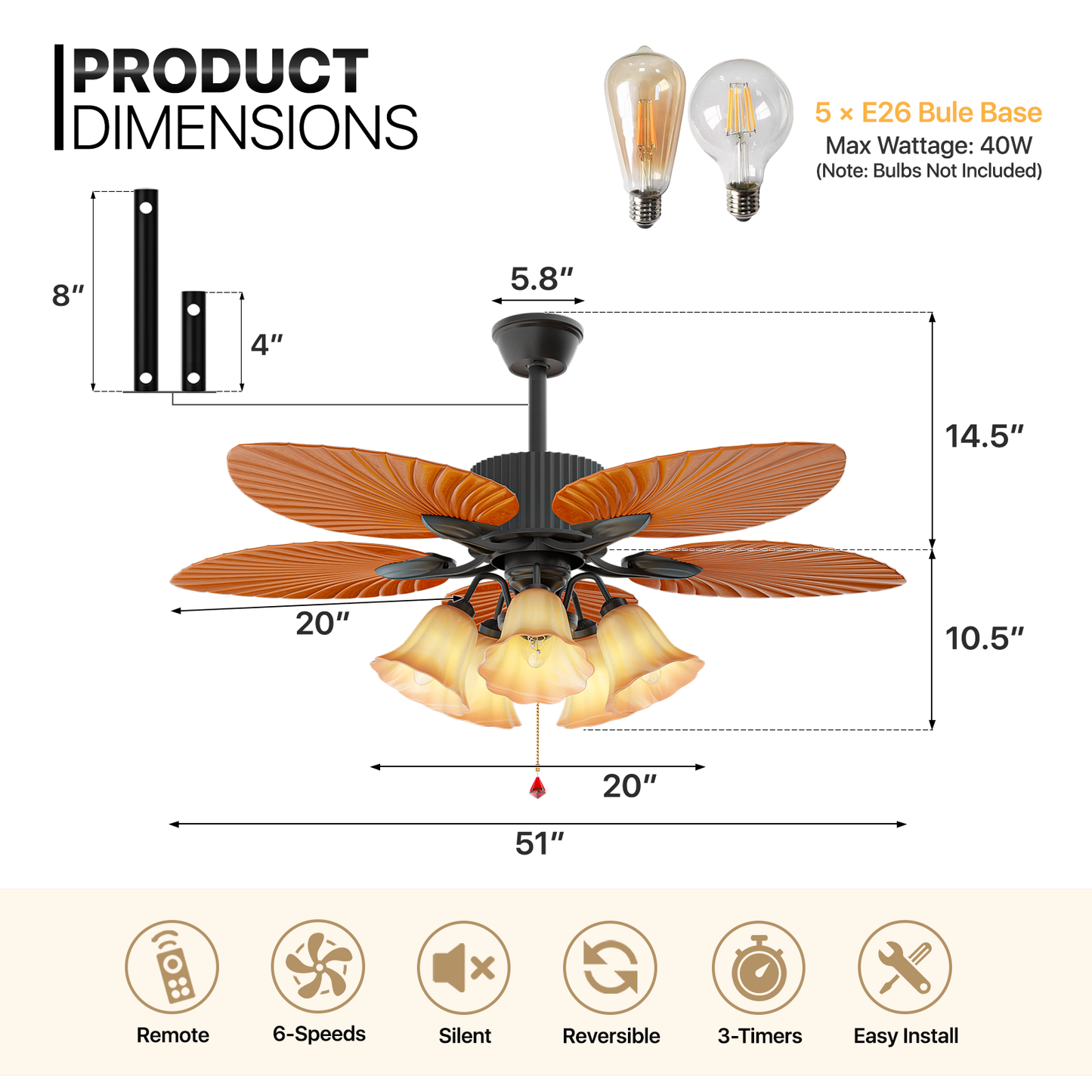 52" Reversible Ceiling Light Fan - Solid Wood Leaf Blade - Remote Control & Timer