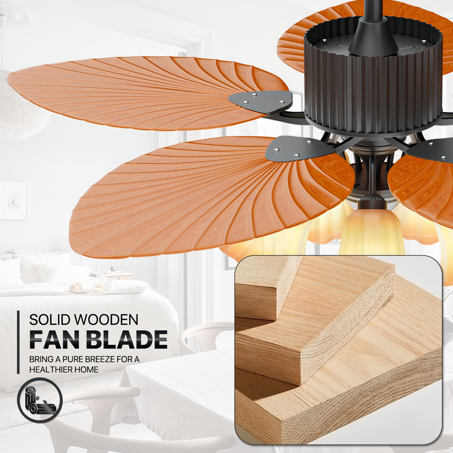 52" Reversible Ceiling Light Fan - Solid Wood Leaf Blade - Remote Control & Timer