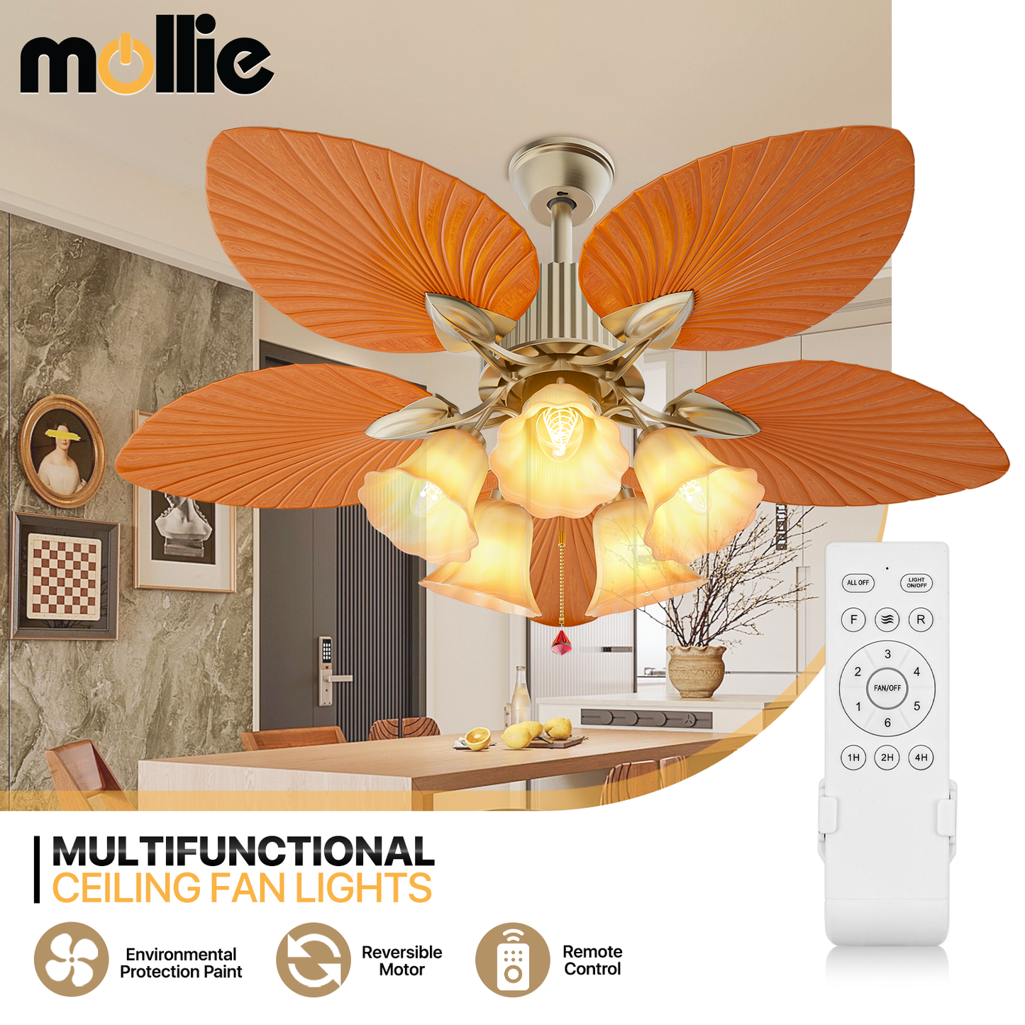 52" Reversible Ceiling Light Fan - Solid Wood Leaf Blade - Remote Control & Timer