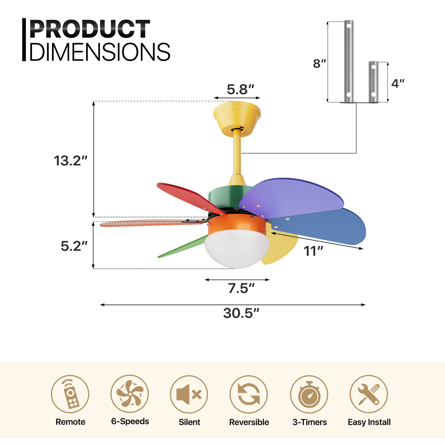 30.5" Reversible LED Lighting Ceiling Fan - Remote Control & Timer - Plywood Wood Blade