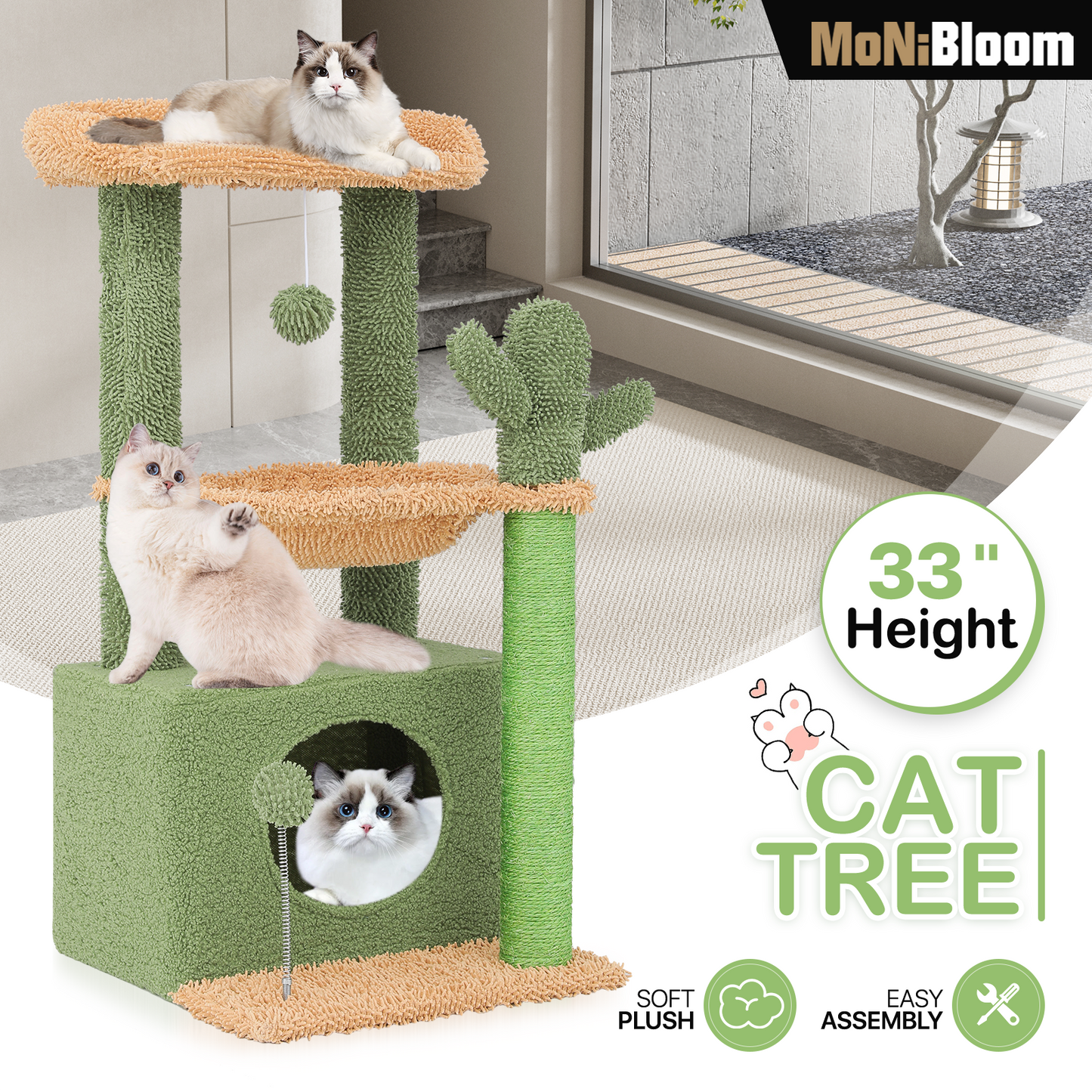 33.5" Height Cat Tree - Cactus Design - Green/Light Brown