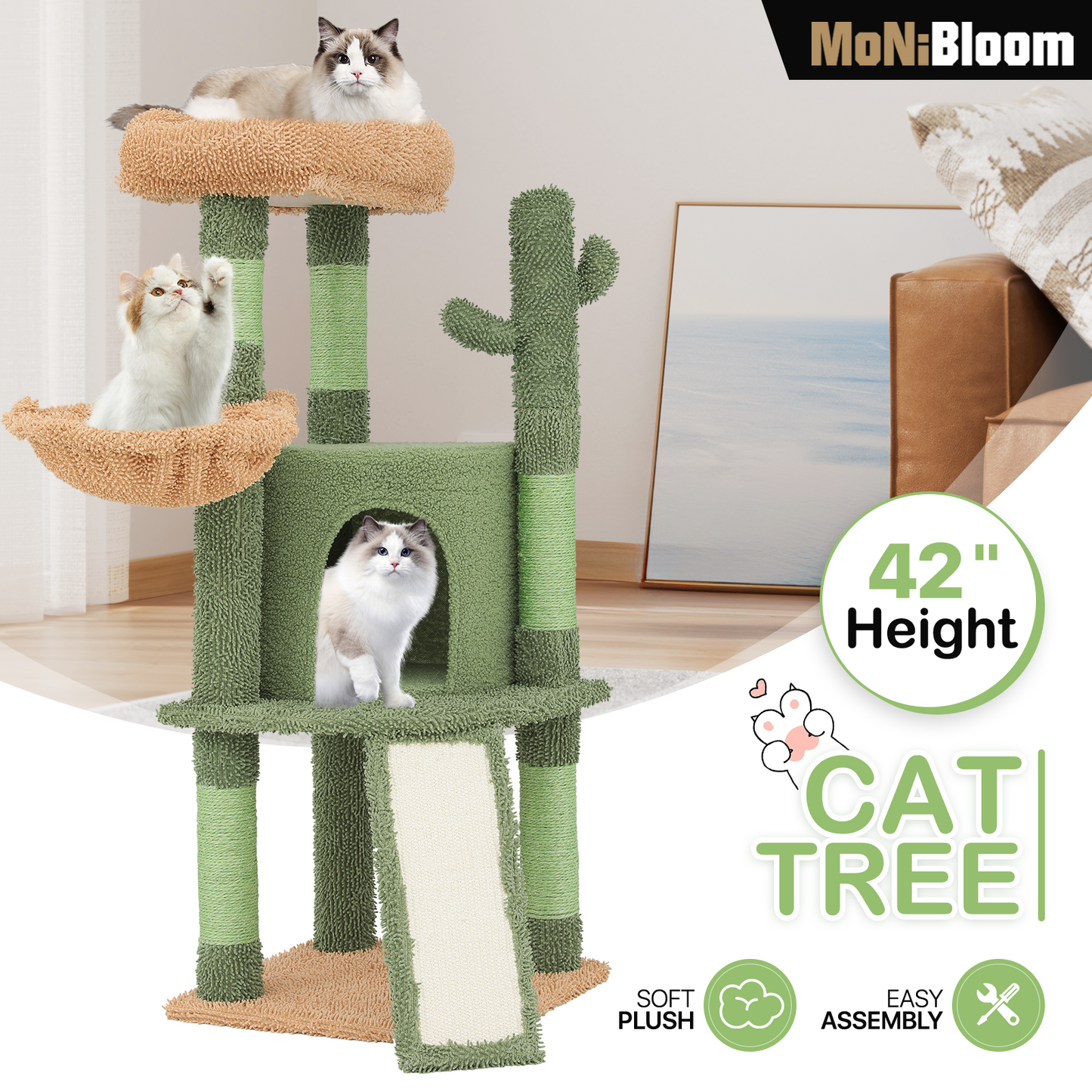 42" Height Cat Tree - Cactus Design - Green/Light Brown