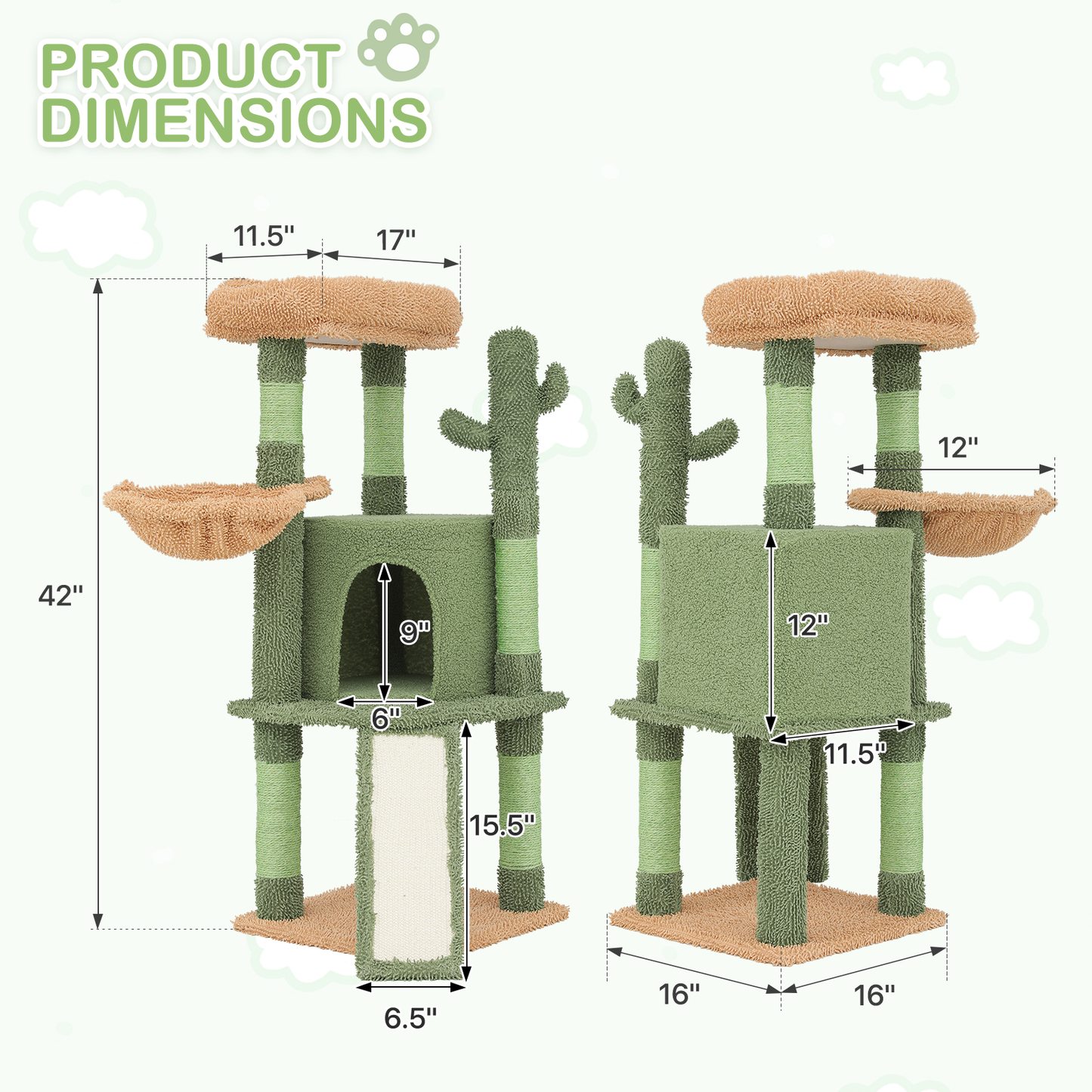 42" Height Cat Tree - Cactus Design - Green/Light Brown