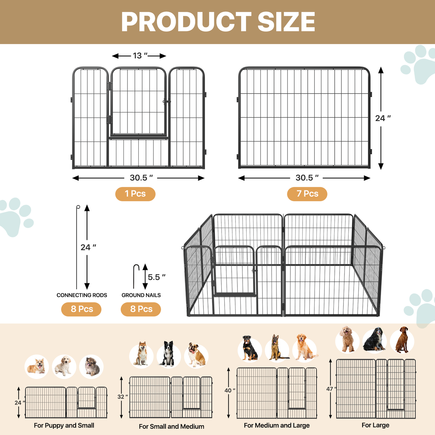 Dog Playpen - 8 Panel - Each 30.5''Length 24''Height - Black