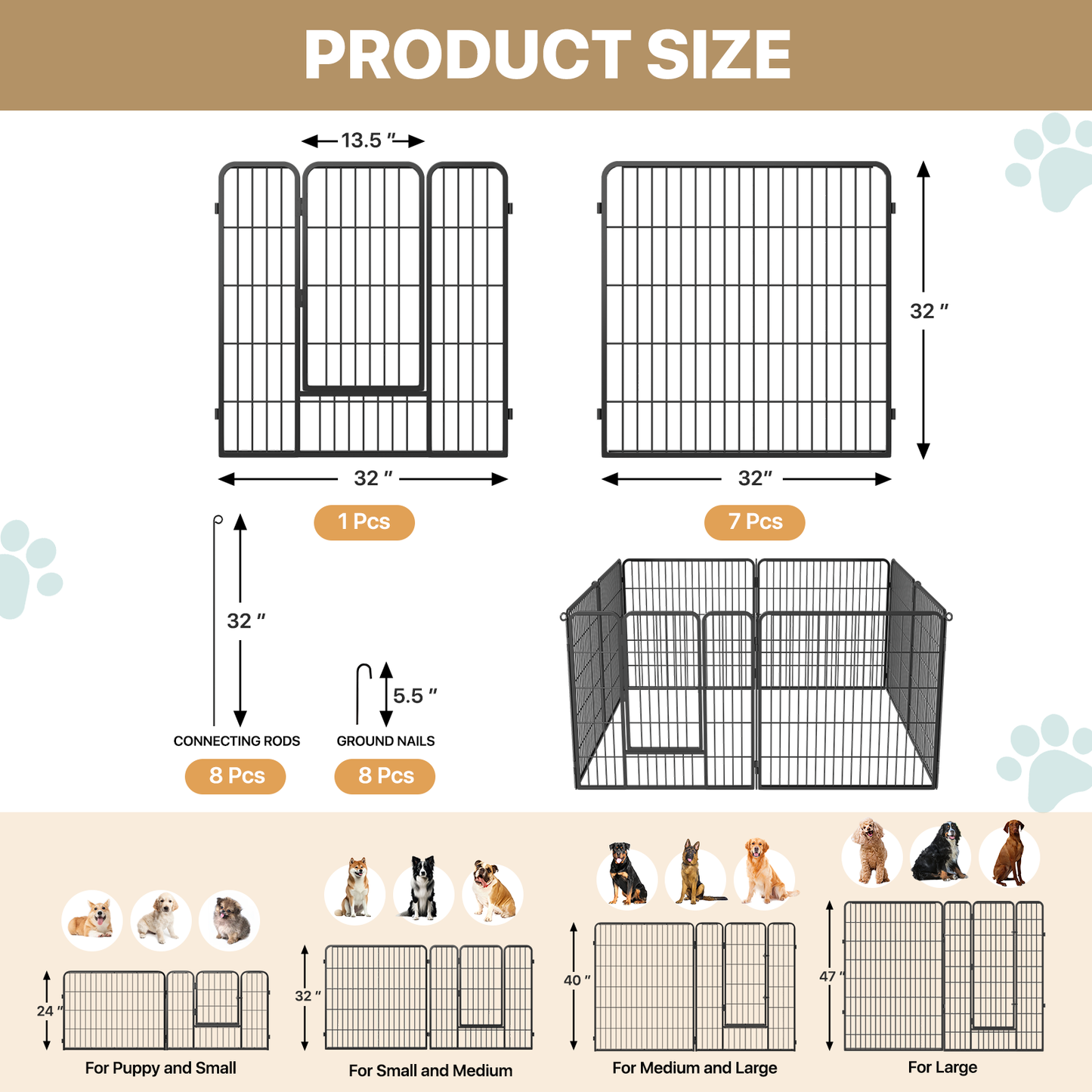 Dog Playpen - 8 Panel - Each 32''Length 32''Height - Black