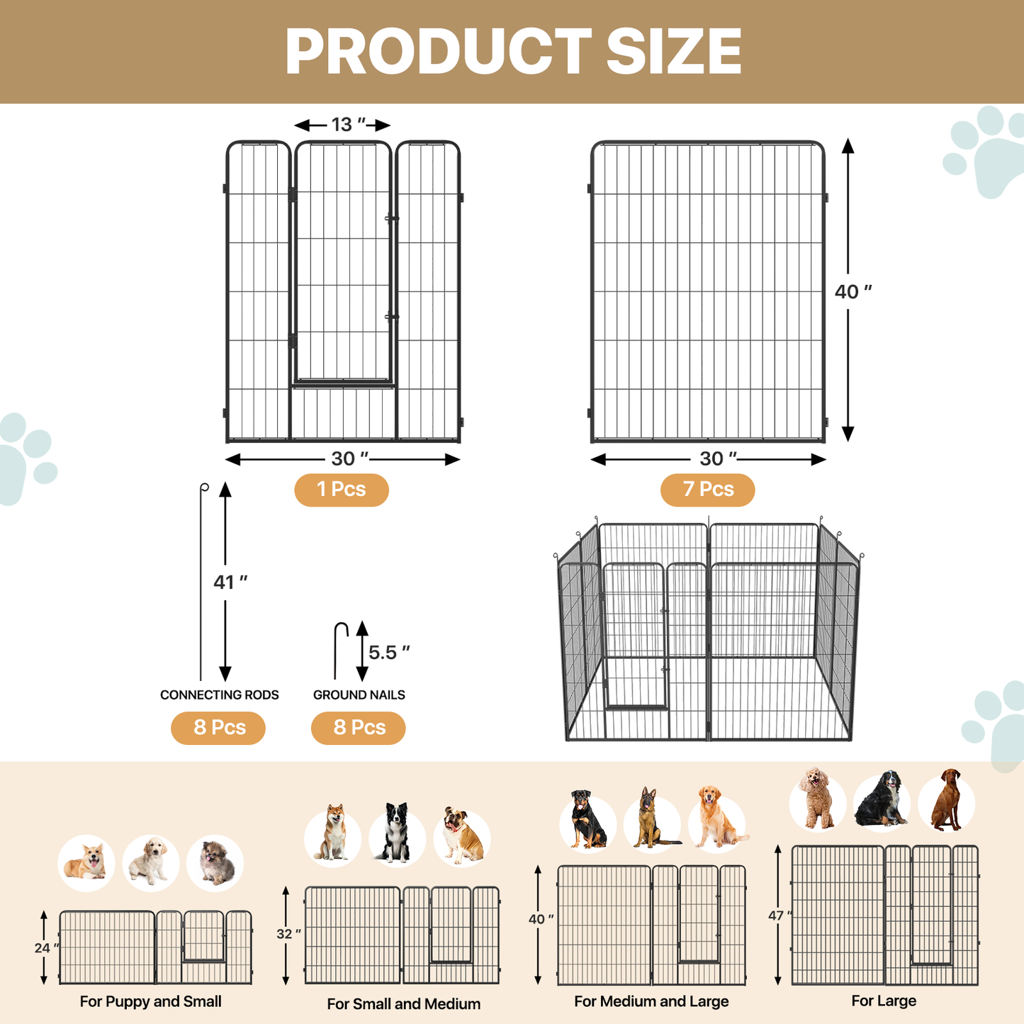 Dog Playpen - 8 Panel - Each 30''Length 40''Height - Black