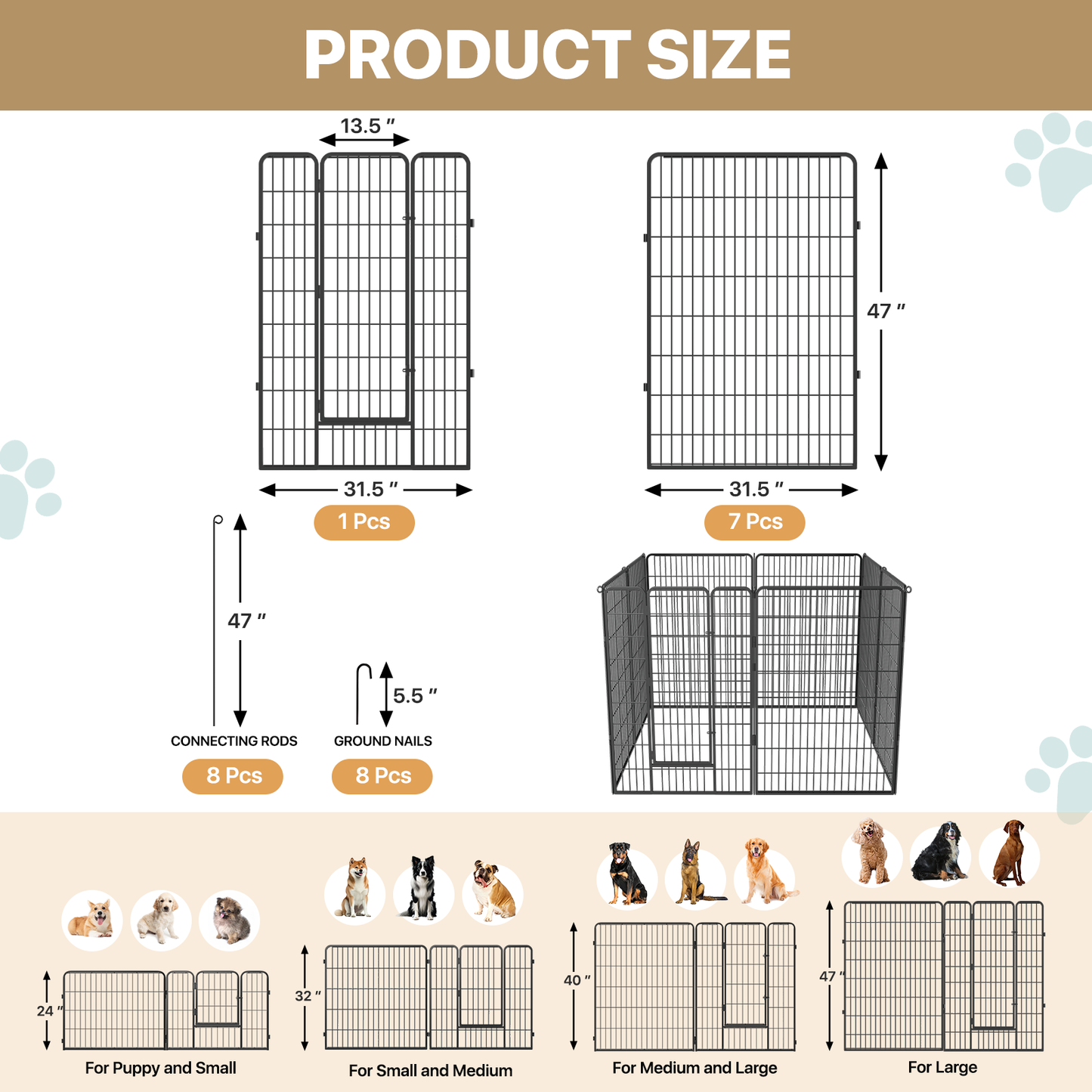 Dog Playpen - 8 Panel - Each 31.5''Length 47''Height - Black