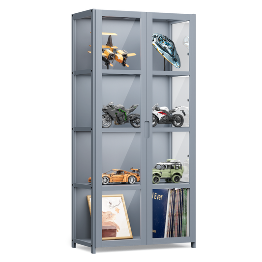 Display Case 30 lbs Capacity - Acrylic Double Door - without handles - transparent on 3 sides - 4 Tiers - 24''L 12.5''W 51''H - Gray