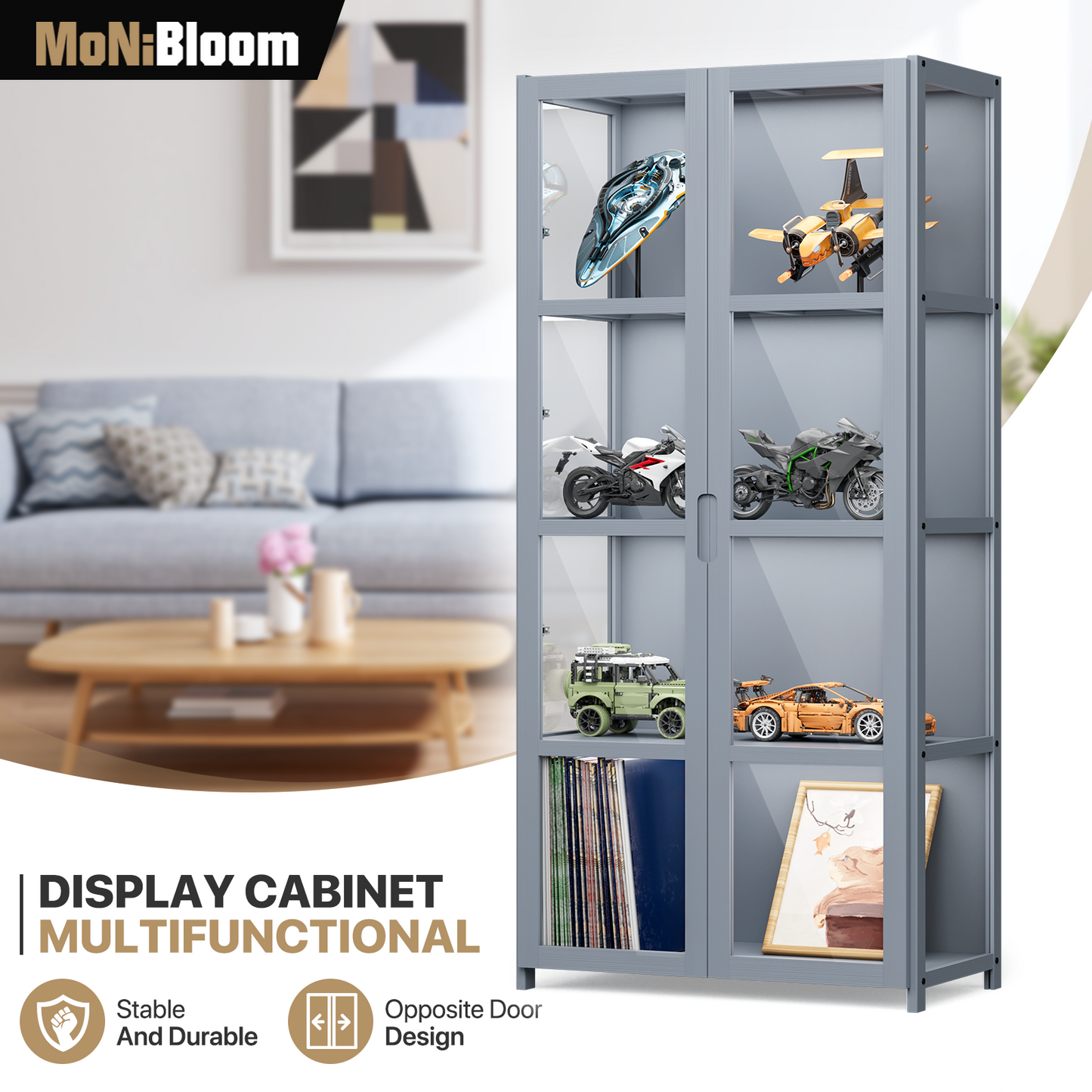 Display Case 30 lbs Capacity - Acrylic Double Door - without handles - transparent on 3 sides - 4 Tiers - 24''L 12.5''W 51''H - Gray