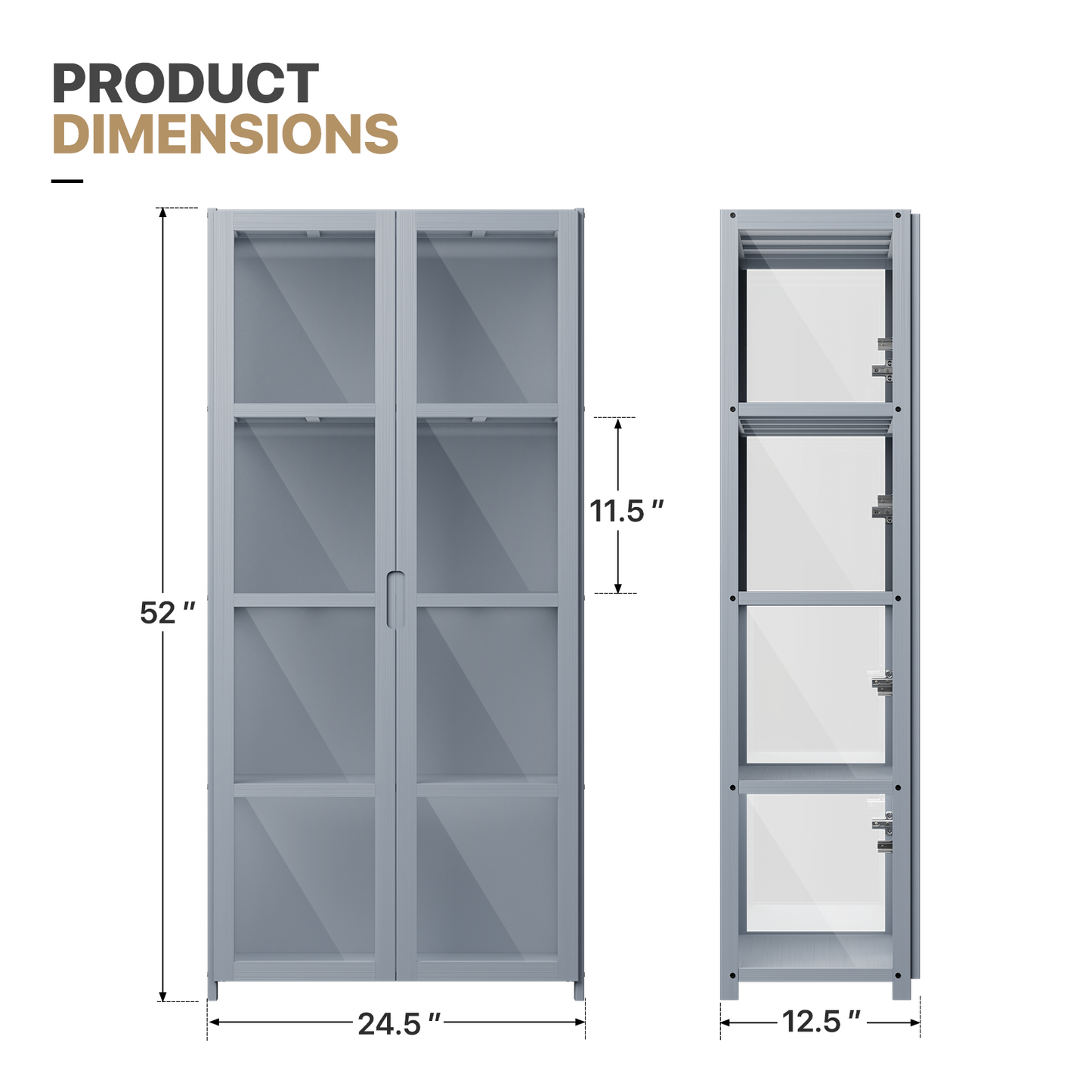 Display Case 30 lbs Capacity - Acrylic Double Door - without handles - transparent on 3 sides - 4 Tiers - 24''L 12.5''W 51''H - Gray