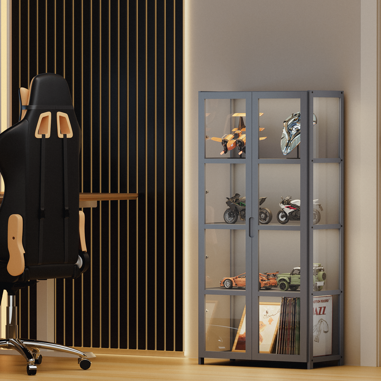 Display Case 30 lbs Capacity - Acrylic Double Door - without handles - transparent on 3 sides - 4 Tiers - 24''L 12.5''W 51''H - Gray
