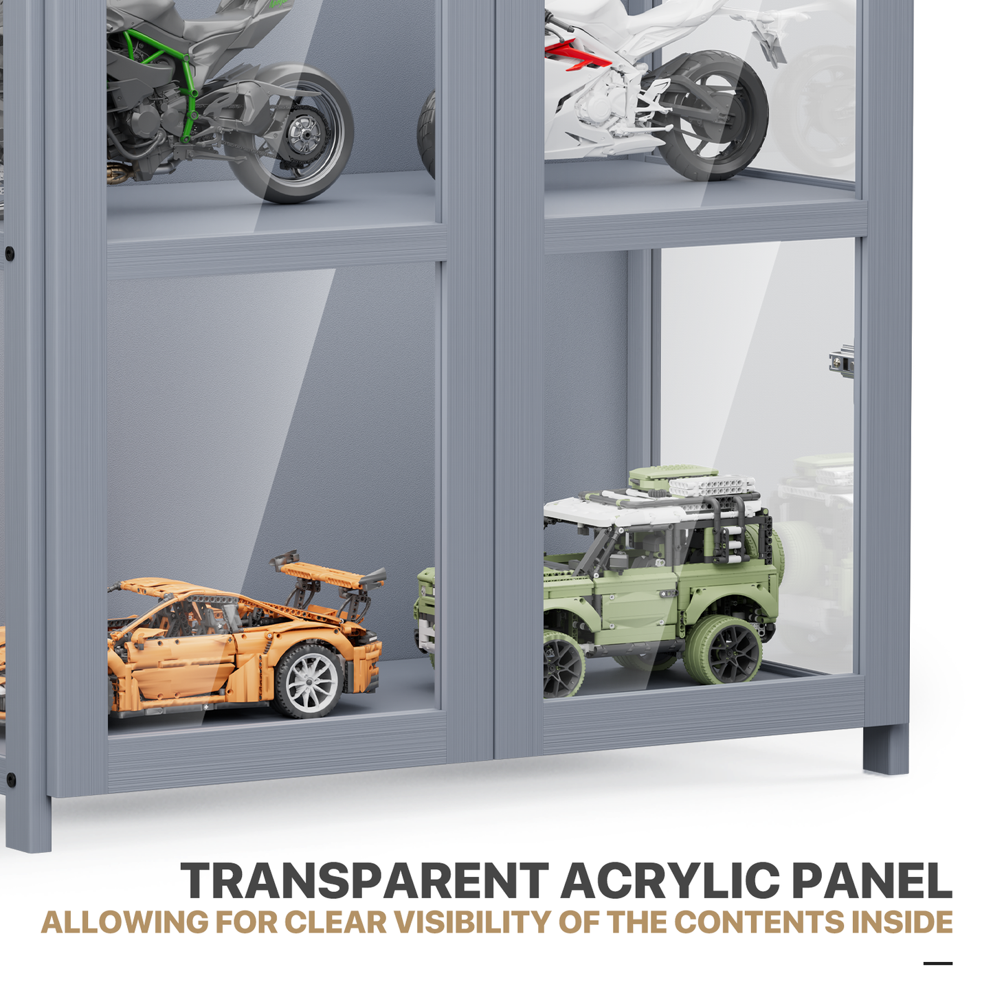 Display Case 30 lbs Capacity - Acrylic Double Door - without handles - transparent on 3 sides - 4 Tiers - 24''L 12.5''W 51''H - Gray