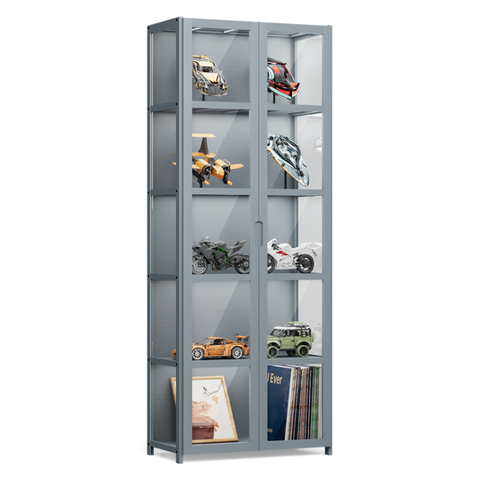 Display Case 30 lbs Capacity - Acrylic Double Door - without handles - transparent on 3 sides - 5 Tiers - 24.5''L 12.5''W 62''H - Gray
