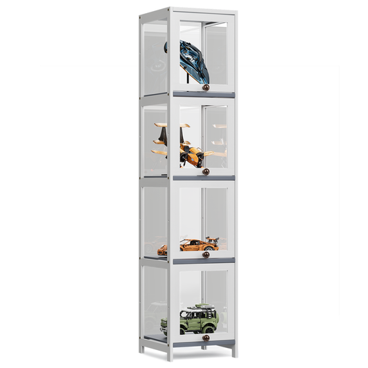 Display Case 30 lbs Capacity - Acrylic Flip Door - transparent on all sides - 4 Tiers - 12''L 12.5''W 60''H - White