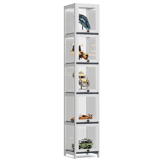 Display Case 30 lbs Capacity - Acrylic Flip Door - transparent on all sides - 5 Tiers - 12''L 12.5''W 67.5''H - White