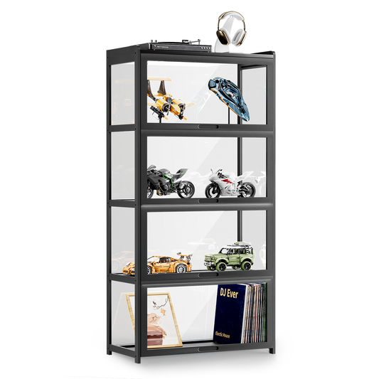 Display Case - Acrylic Flip Door - without handles - transparent on all sides - 4 Tiers - 27.5''L 13.5''W 55''H - Black