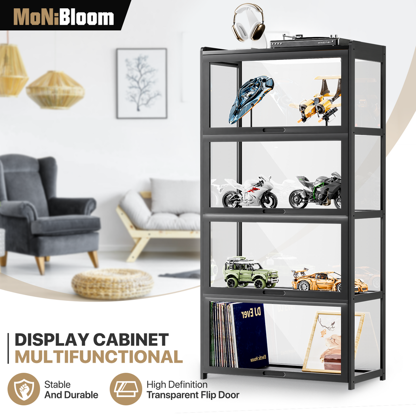 Display Case - Acrylic Flip Door - without handles - transparent on all sides - 4 Tiers - 27.5''L 13.5''W 55''H - Black