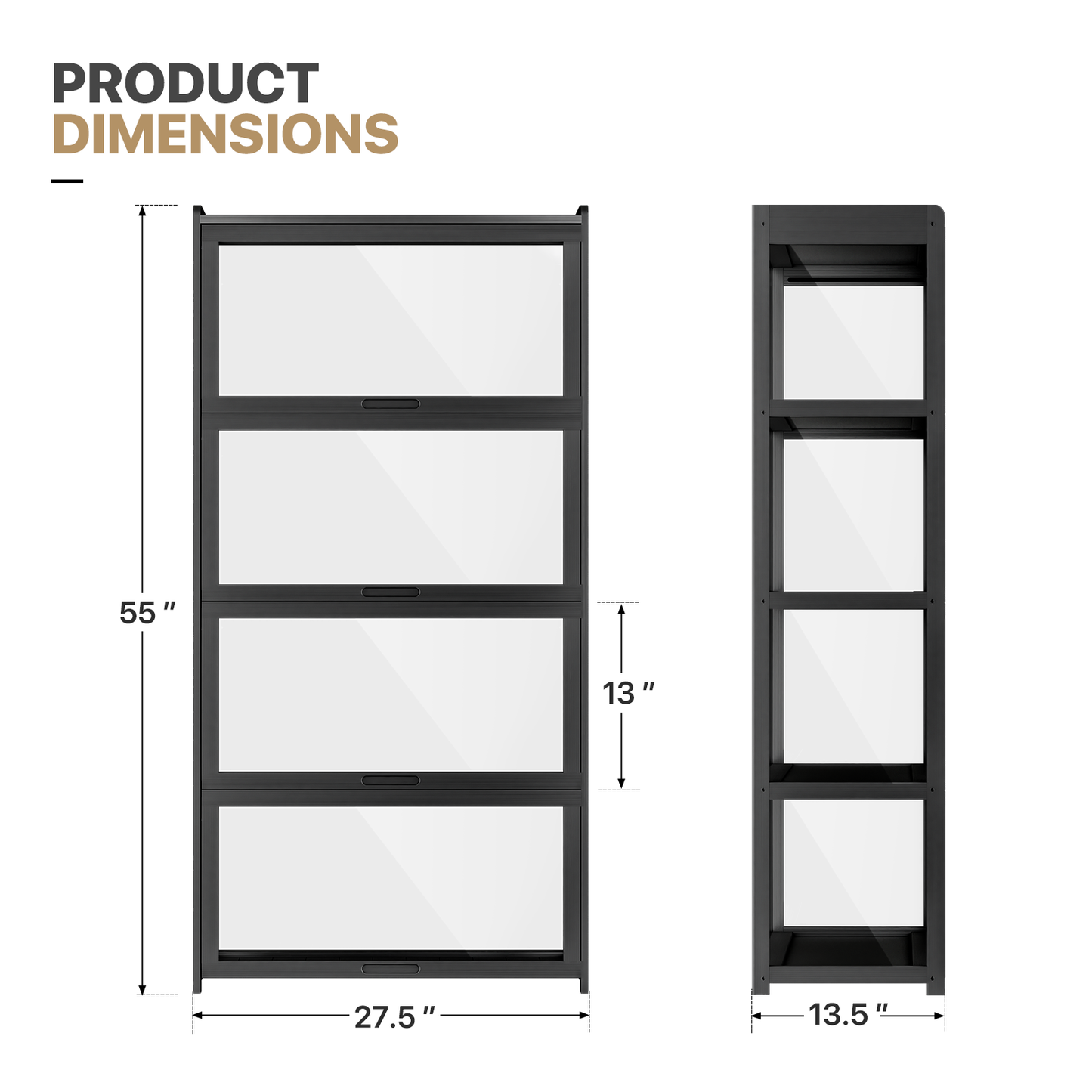 Display Case - Acrylic Flip Door - without handles - transparent on all sides - 4 Tiers - 27.5''L 13.5''W 55''H - Black