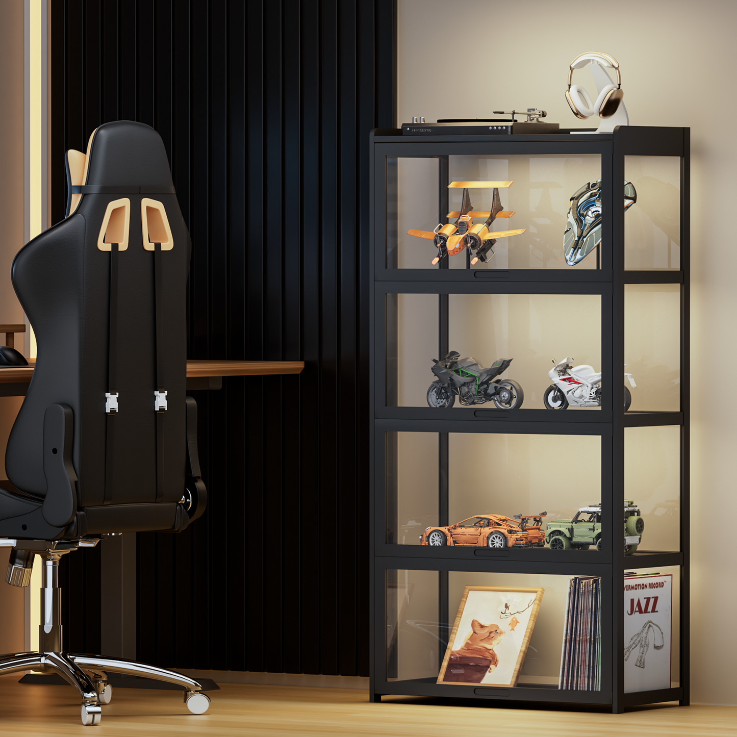 Display Case - Acrylic Flip Door - without handles - transparent on all sides - 4 Tiers - 27.5''L 13.5''W 55''H - Black