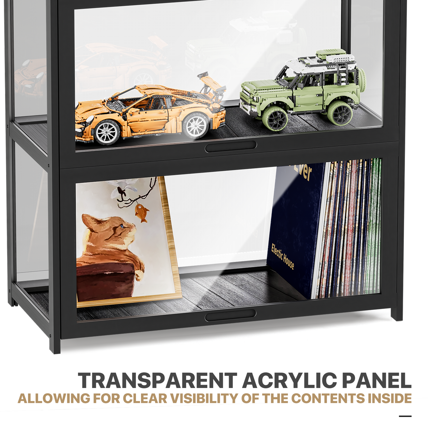 Display Case - Acrylic Flip Door - without handles - transparent on all sides - 4 Tiers - 27.5''L 13.5''W 55''H - Black