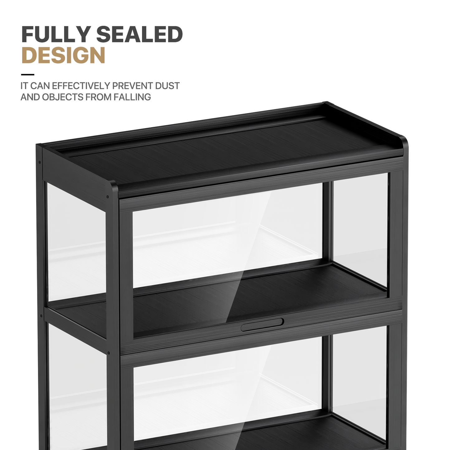 Display Case - Acrylic Flip Door - without handles - transparent on all sides - 4 Tiers - 27.5''L 13.5''W 55''H - Black