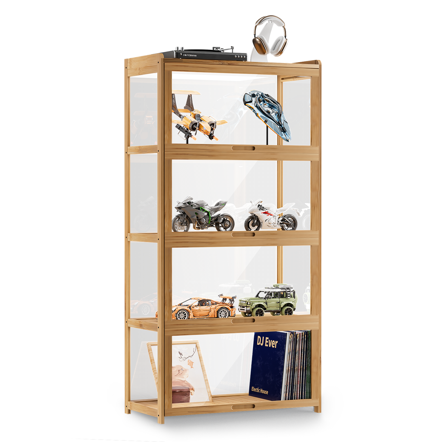 Display Case - Acrylic Flip Door - without handles - transparent on all sides - 4 Tiers - 27.5''L 13.5''W 55''H - Black