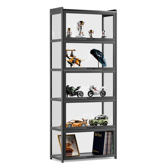 Display Case - Acrylic Flip Door - without handles - transparent on all sides - 5 Tiers - 27.5''L 13.5''W 67.5''H - Black
