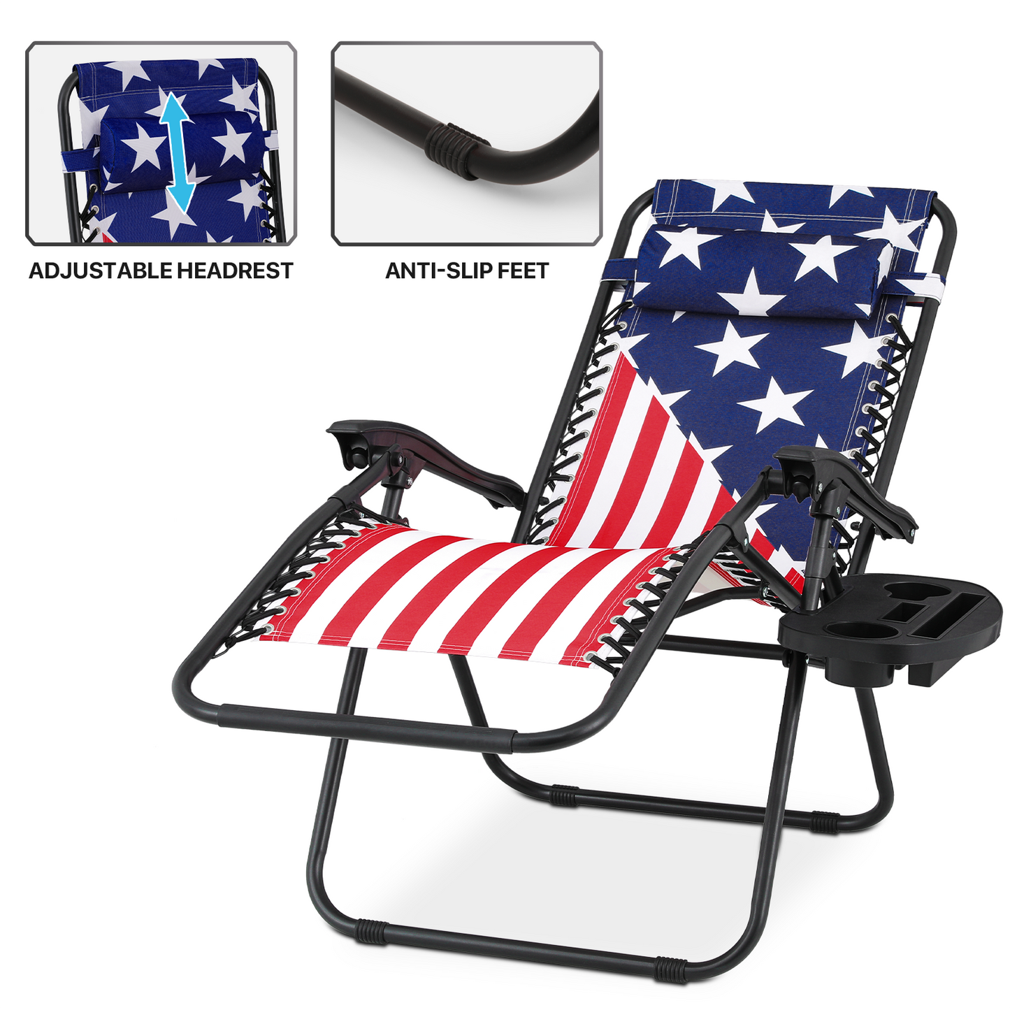 US Flag Pattern Lounge Chair - Adjustable Backrest 95°-140° - w/ Tray & Headrest