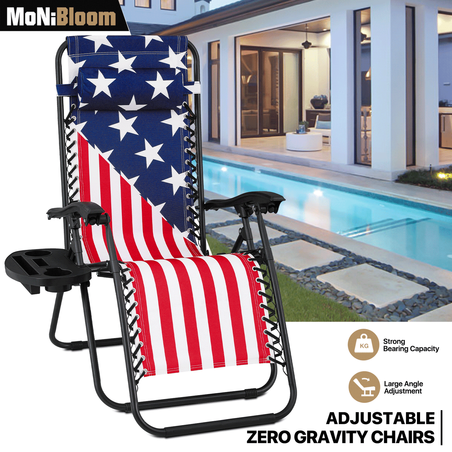 US Flag Pattern Lounge Chair - Adjustable Backrest 95°-140° - w/ Tray & Headrest