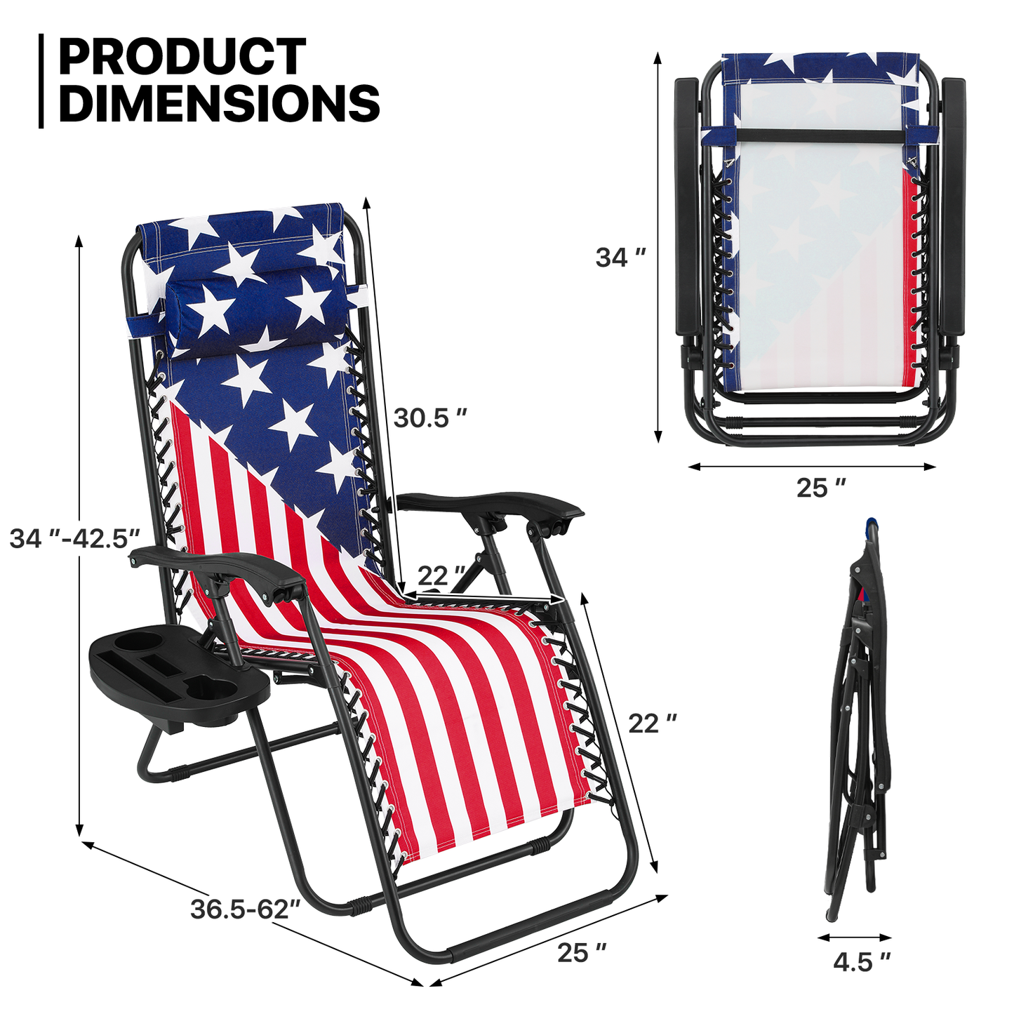 US Flag Pattern Lounge Chair - Adjustable Backrest 95°-140° - w/ Tray & Headrest