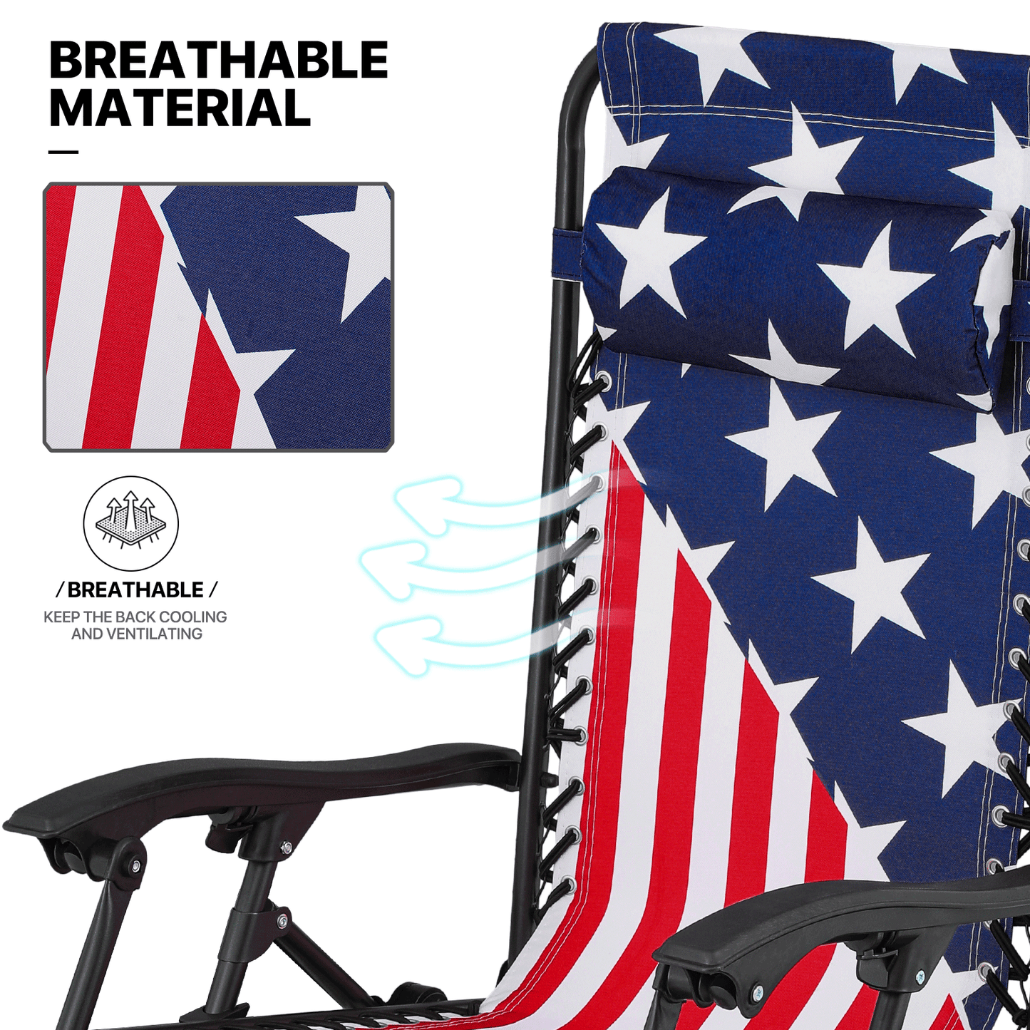 US Flag Pattern Lounge Chair - Adjustable Backrest 95°-140° - w/ Tray & Headrest