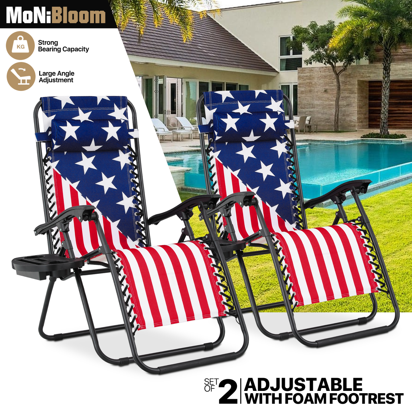 US Flag Pattern Lounge Chair - Adjustable Backrest 95°-140° - w/ Tray & Headrest