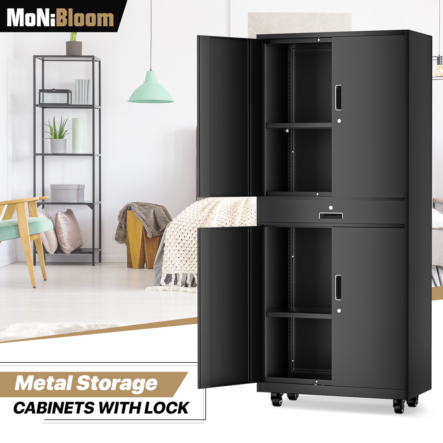 Rolling Metal Storage Cabinets with Lock-73.25"H x 31.5"W x 15.75"D-with Drawer+2 Doors