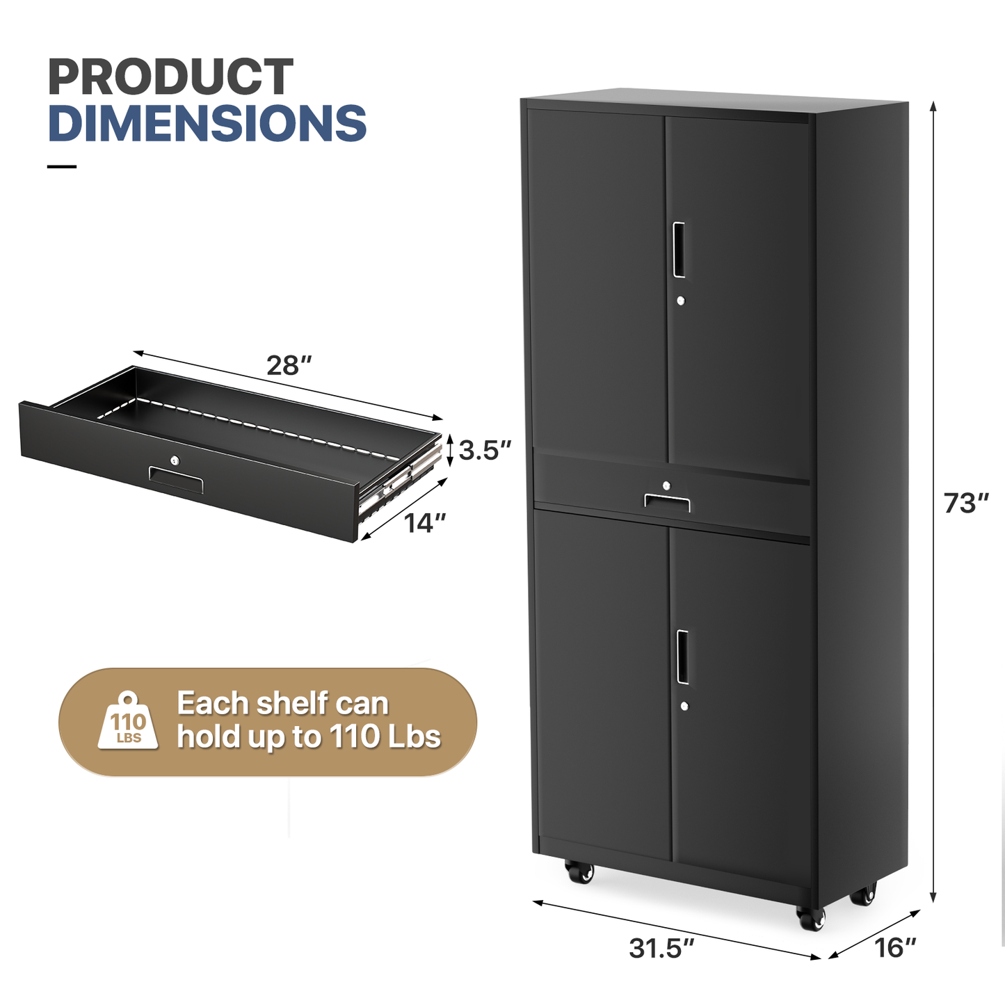 Rolling Metal Storage Cabinets with Lock-73.25"H x 31.5"W x 15.75"D-with Drawer+2 Doors