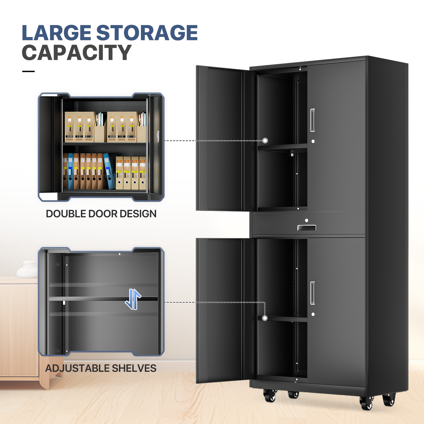 Rolling Metal Storage Cabinets with Lock-73.25"H x 31.5"W x 15.75"D-with Drawer+2 Doors