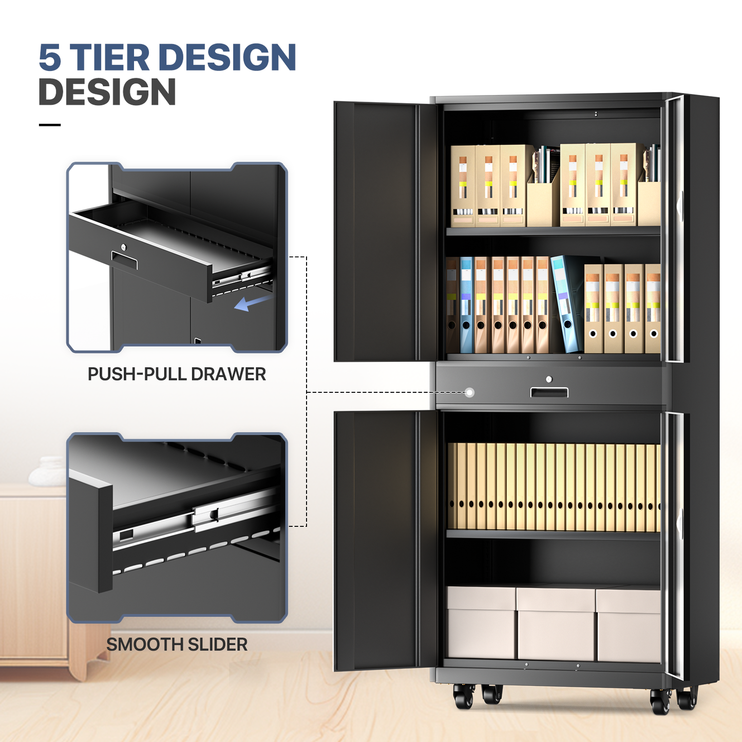 Rolling Metal Storage Cabinets with Lock-73.25"H x 31.5"W x 15.75"D-with Drawer+2 Doors