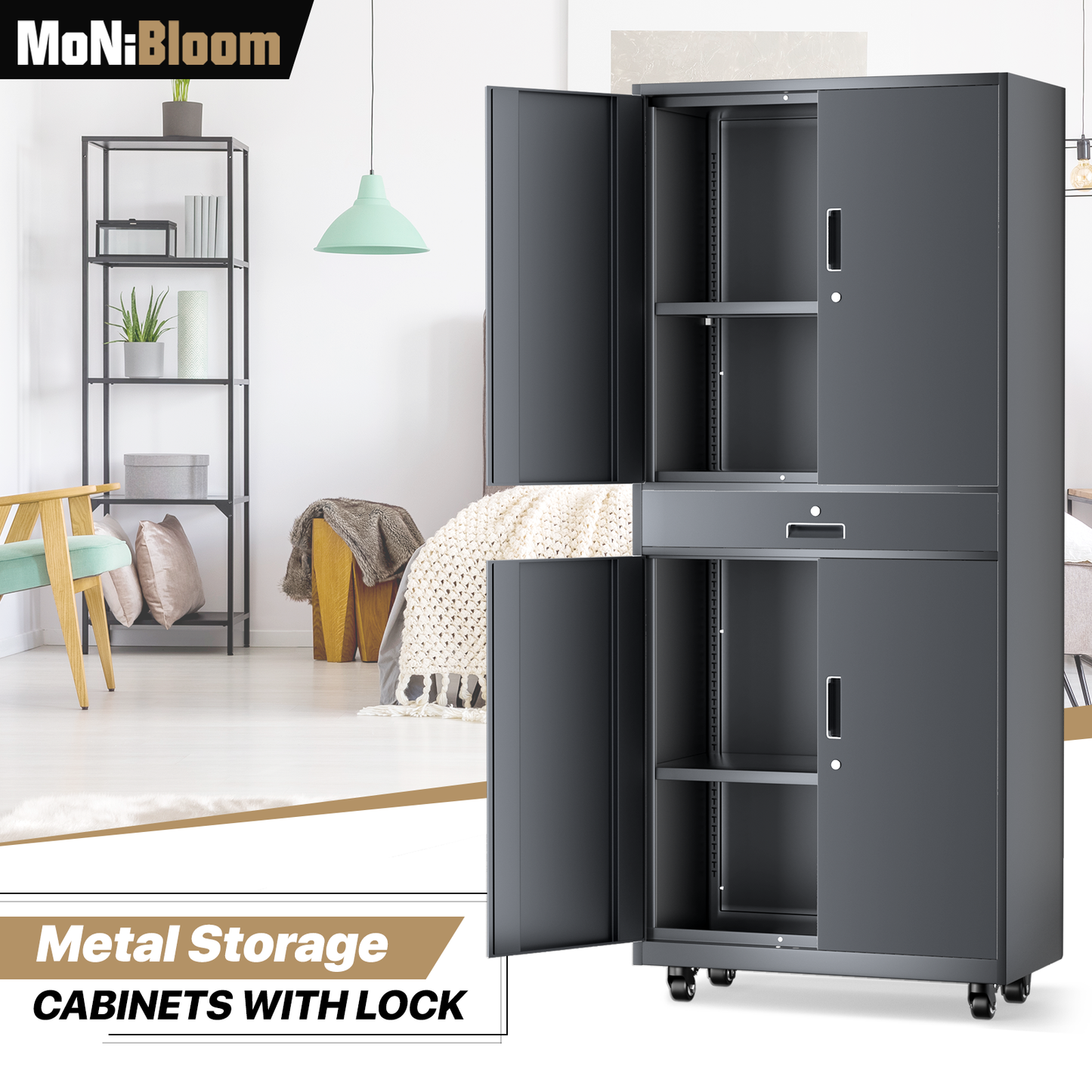 Rolling Metal Storage Cabinets with Lock-73.25"H x 31.5"W x 15.75"D-with Drawer+2 Doors