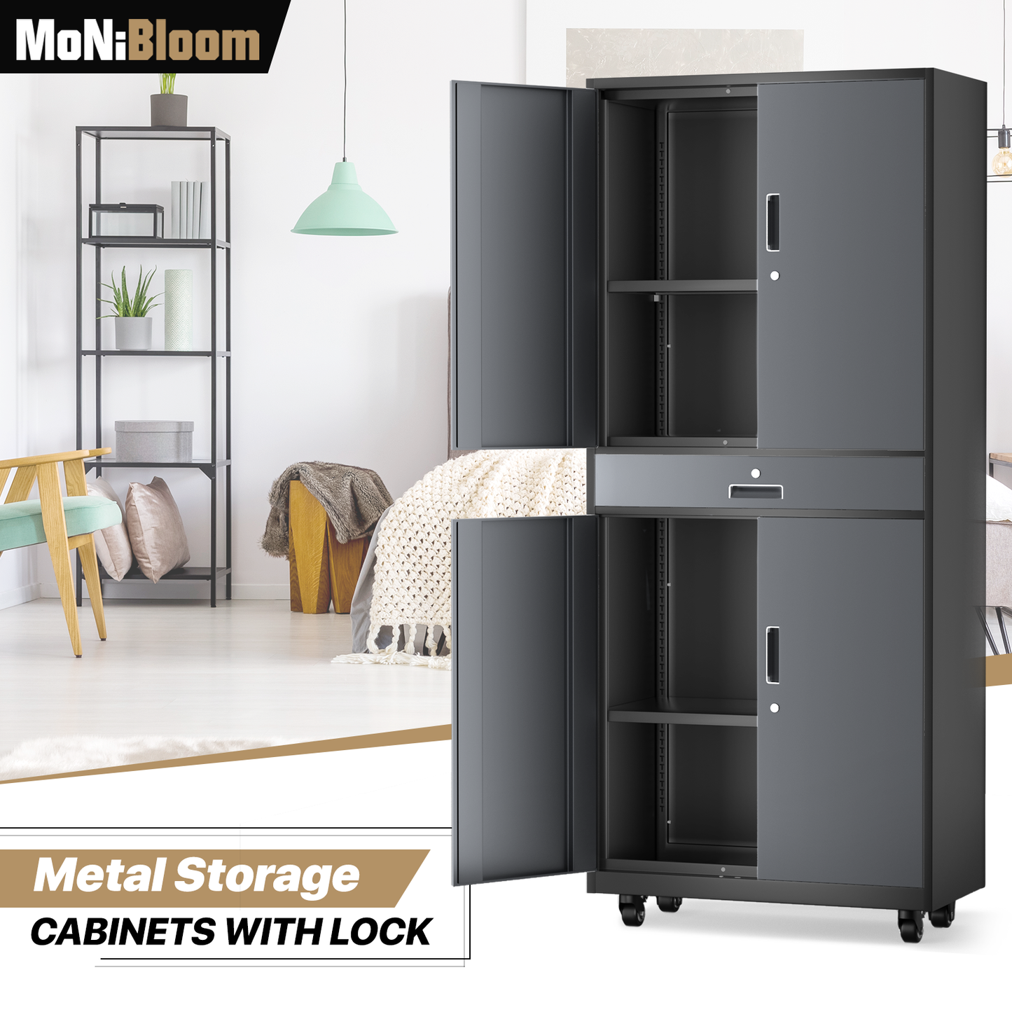 Rolling Metal Storage Cabinets with Lock-73.25"H x 31.5"W x 15.75"D-with Drawer+2 Doors