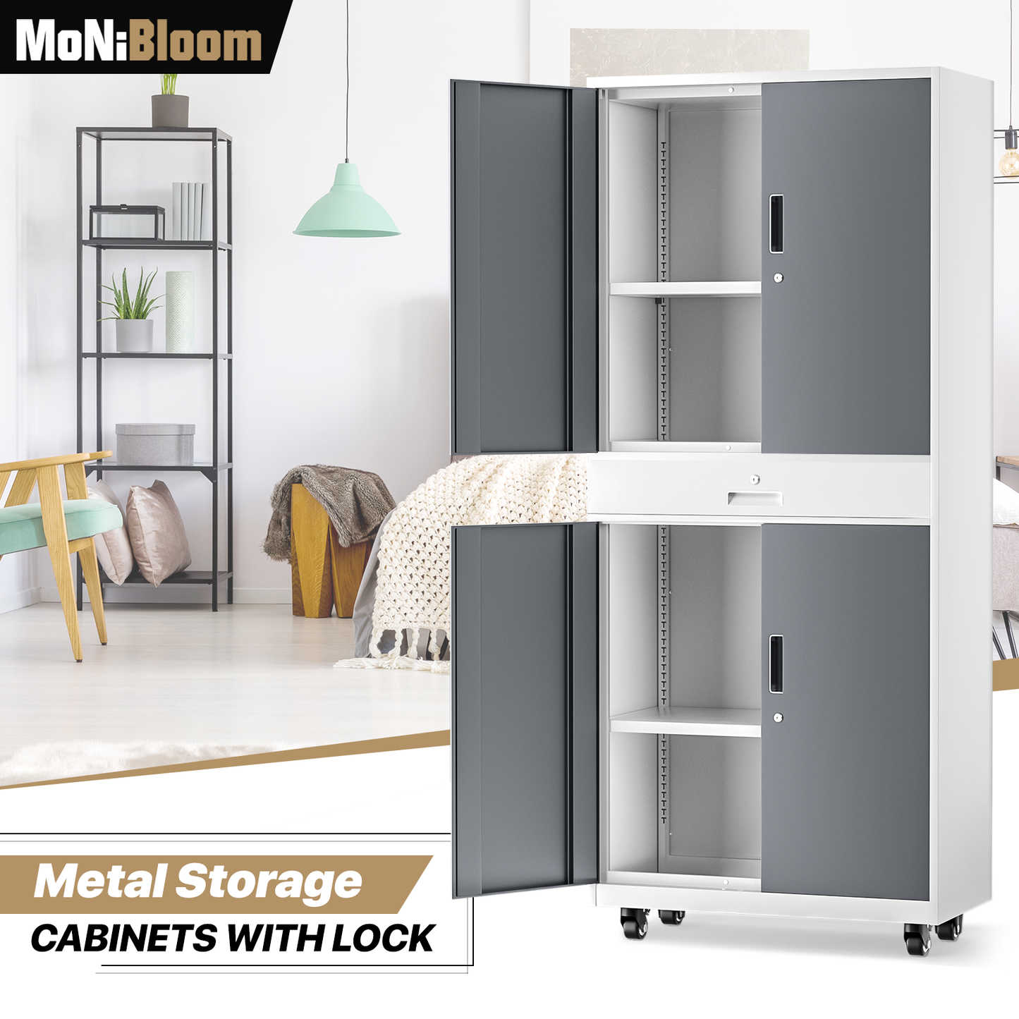 Rolling Metal Storage Cabinets with Lock-73.25"H x 31.5"W x 15.75"D-with Drawer+2 Doors