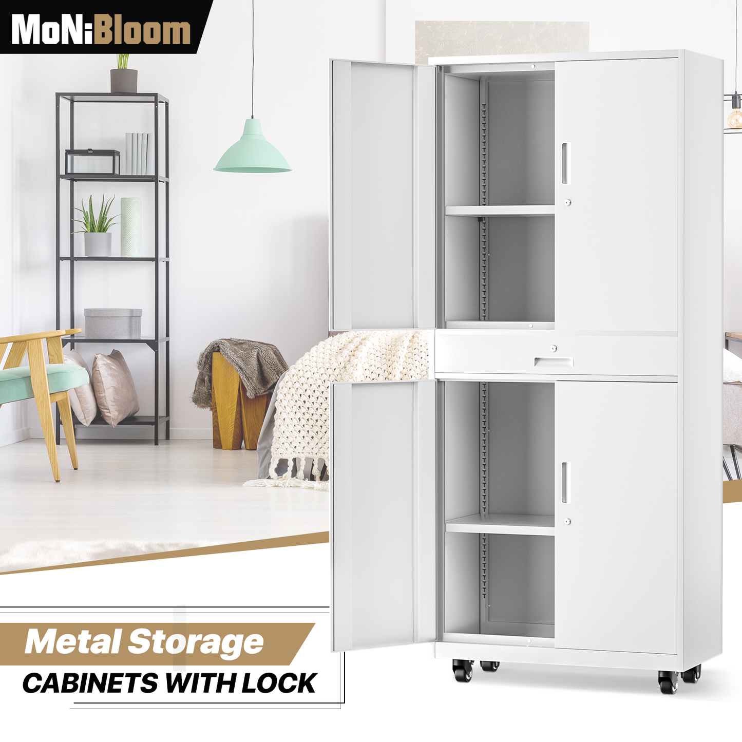 Rolling Metal Storage Cabinets with Lock-73.25"H x 31.5"W x 15.75"D-with Drawer+2 Doors