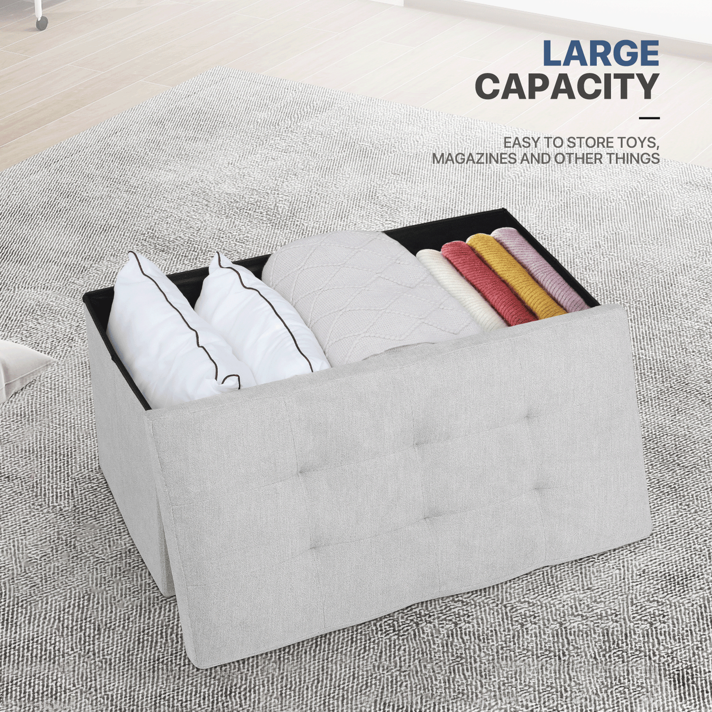 High Elastic Sponge Storage Ottoman 220 lbs Capacity - (L)30.0in. (W)15.0in. (H)14.5in. - Linen