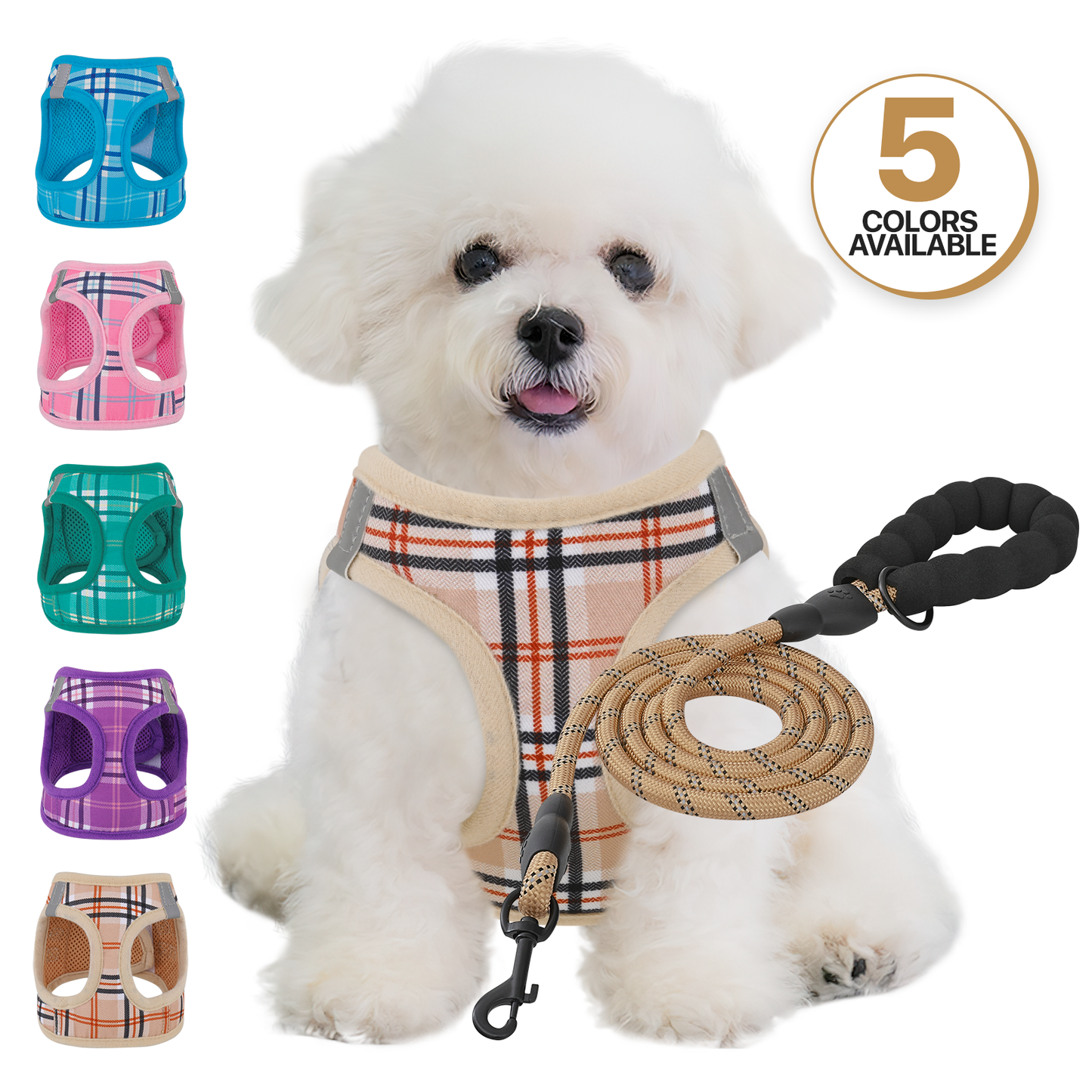 Dog Harness - w/ 5 ft Leash - Plaid Pattern+Reflective Strips