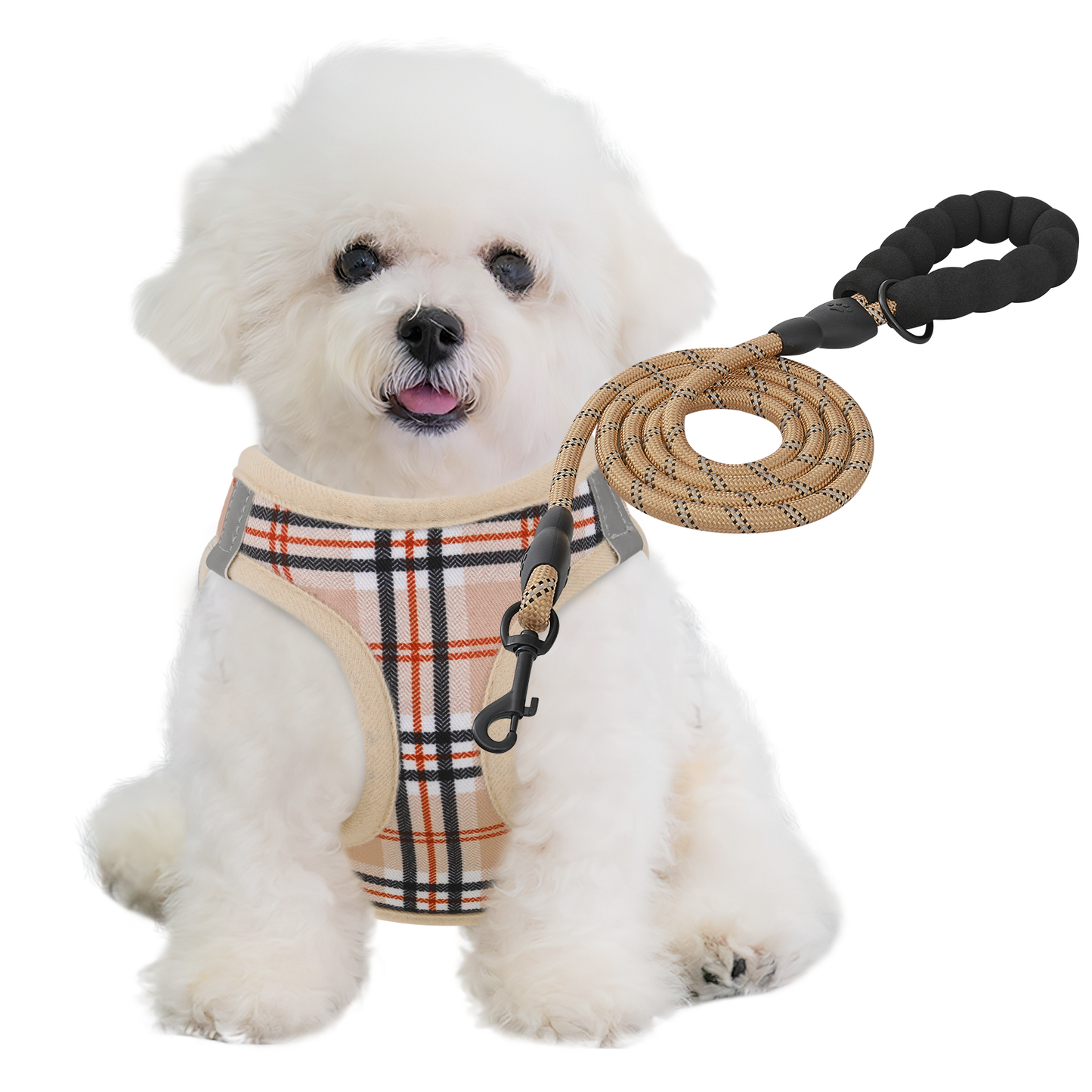 Dog Harness - w/ 5 ft Leash - Plaid Pattern+Reflective Strips