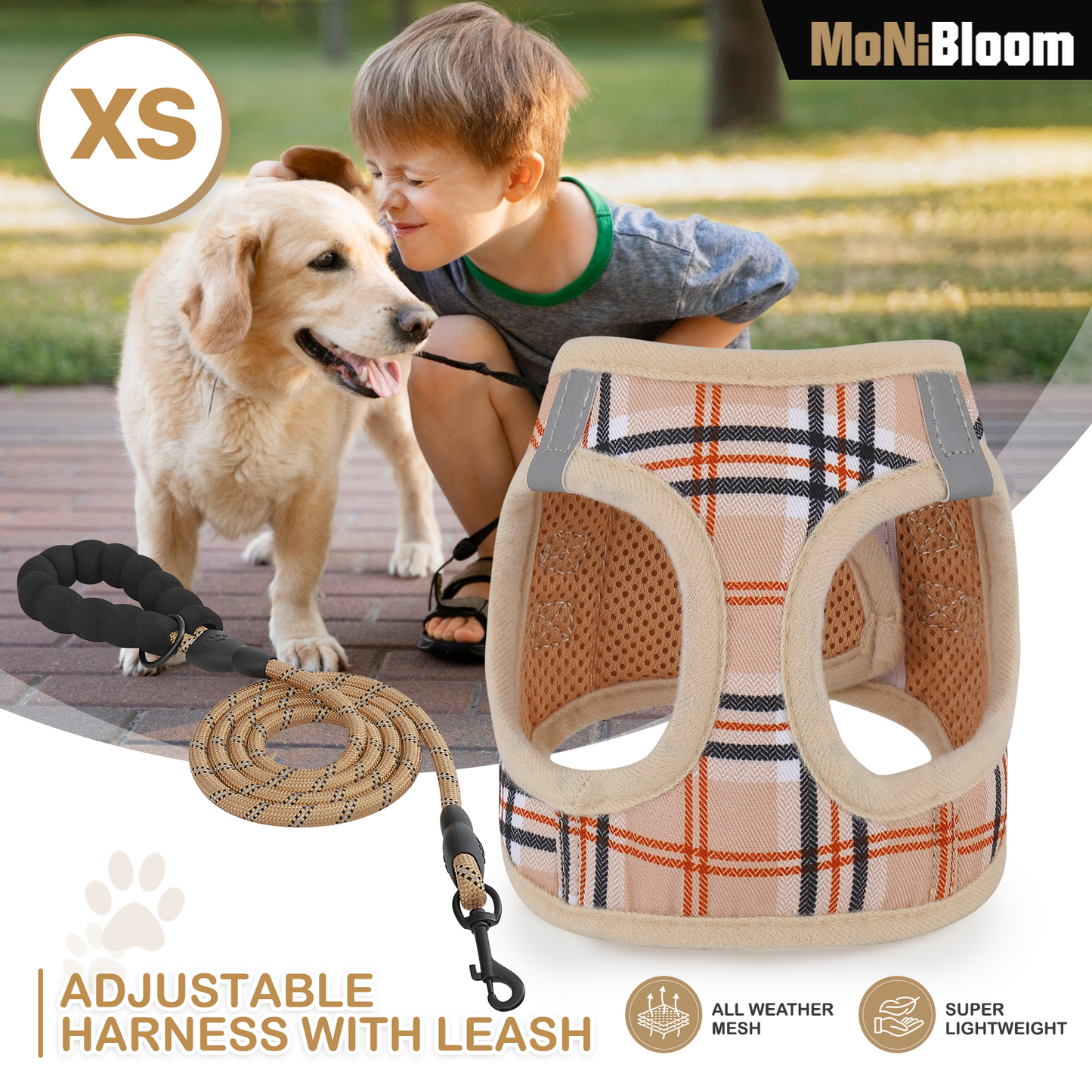 Dog Harness - w/ 5 ft Leash - Plaid Pattern+Reflective Strips