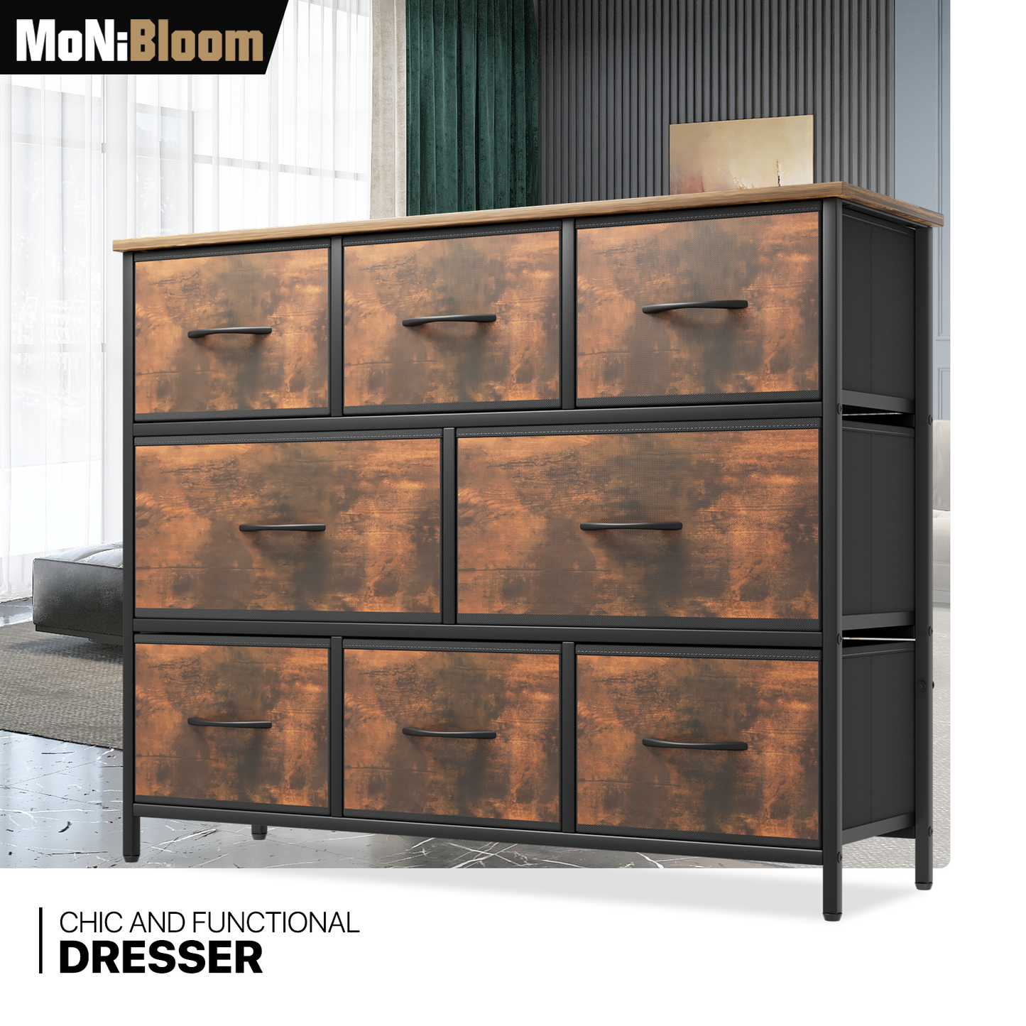 32" Height Dresser - 8 Fabric Drawer- Metal Frame - MDF Top