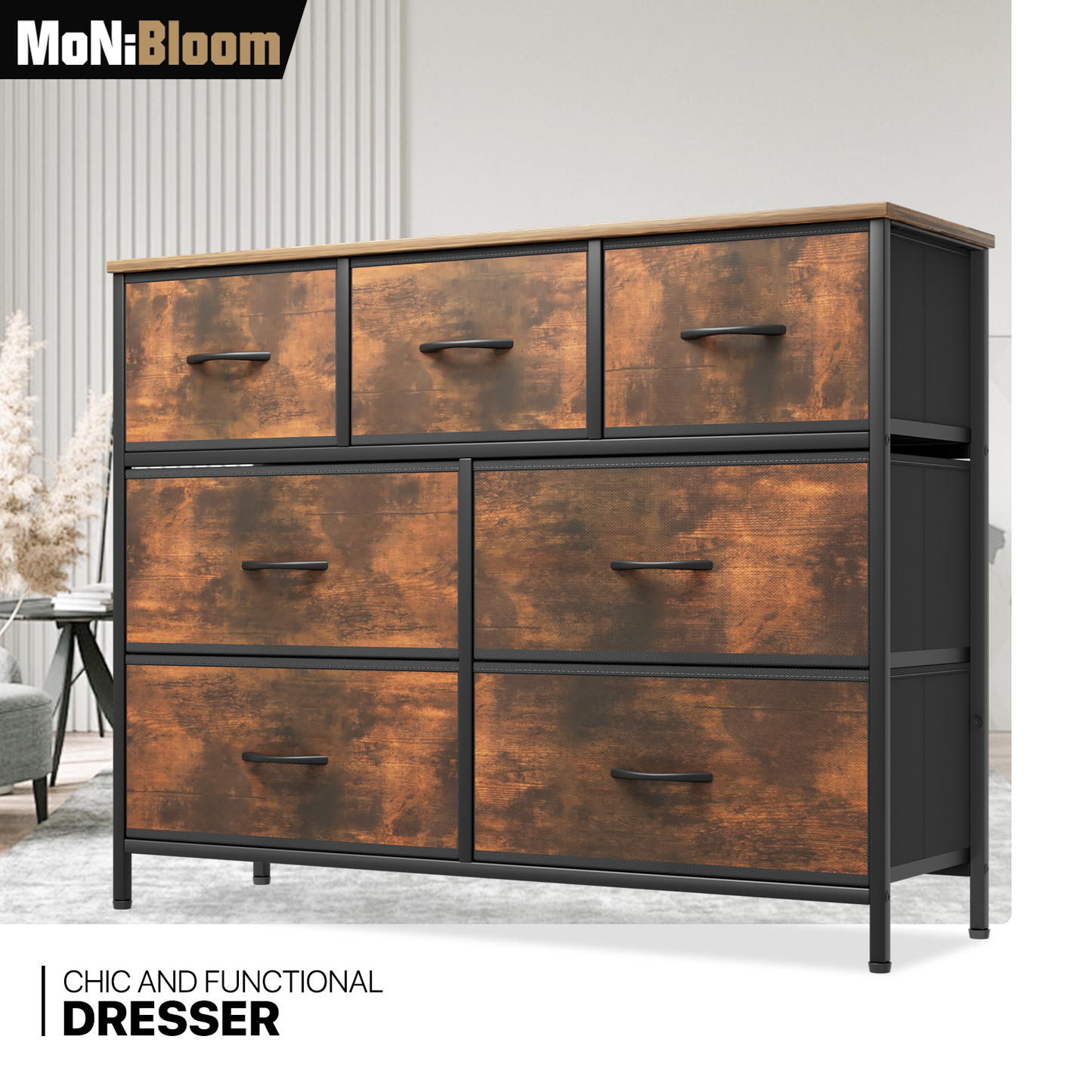 31" Height Dresser - 7 Fabric Drawer- Metal Frame - MDF Top