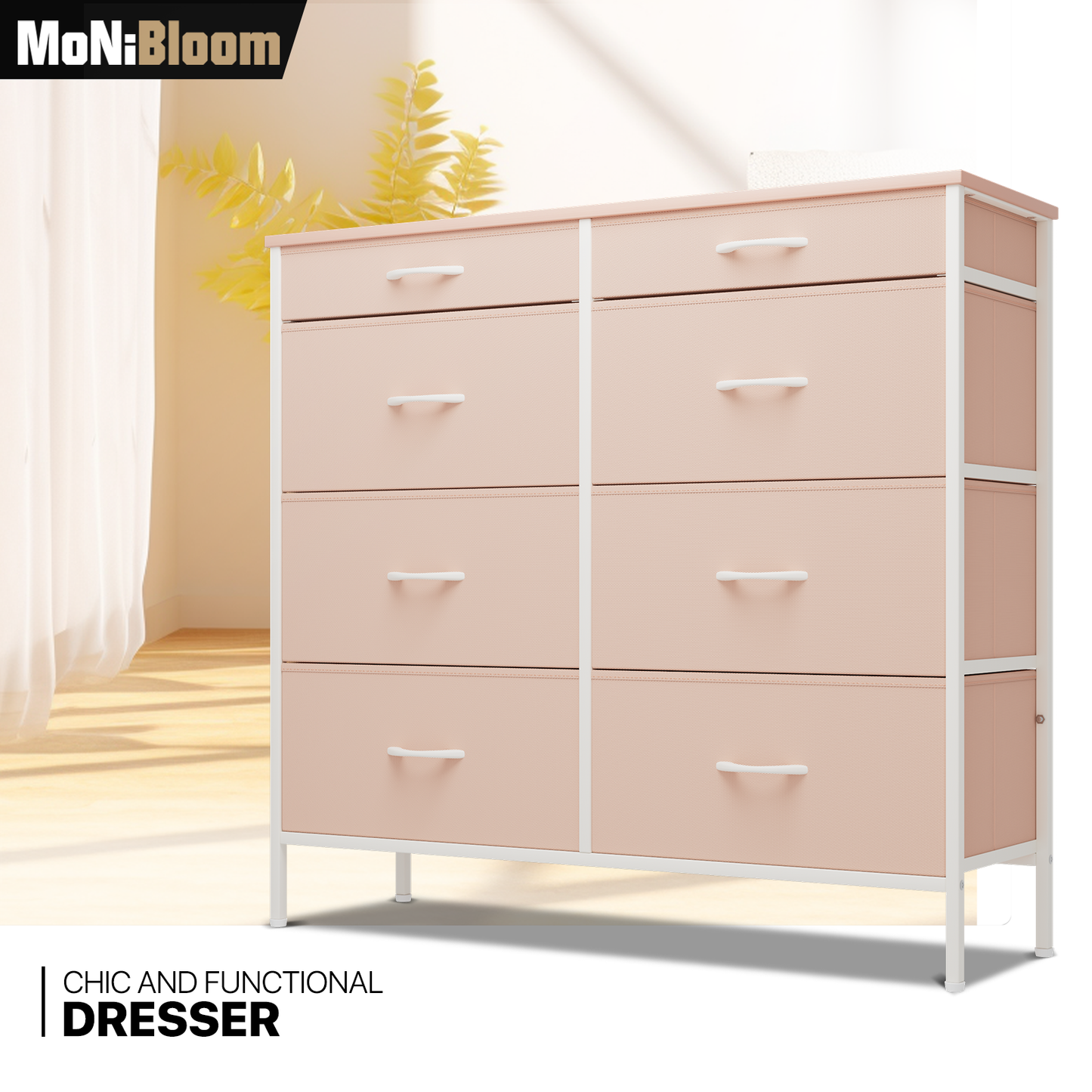34.5" Height Dresser - 8 Fabric Drawer- Metal Frame - MDF Top