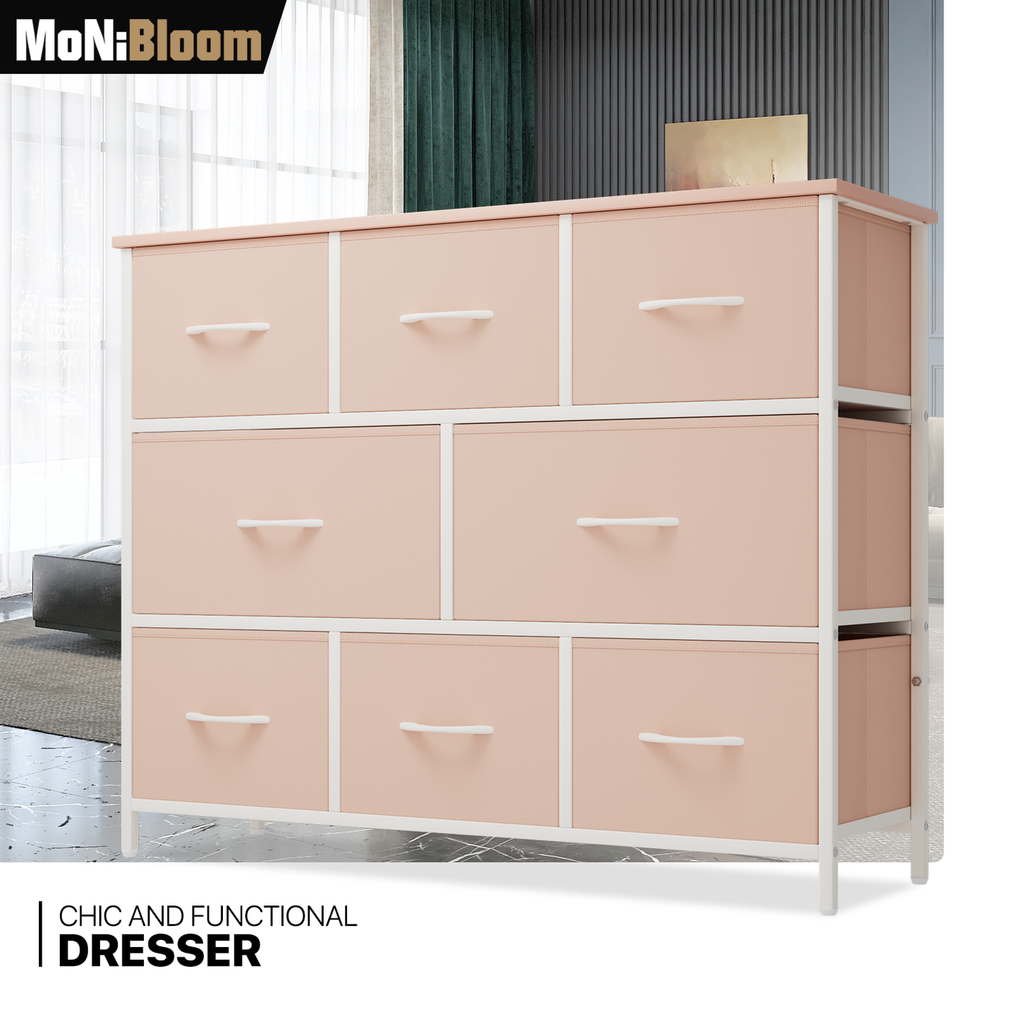 32" Height Dresser - 8 Fabric Drawer- Metal Frame - MDF Top