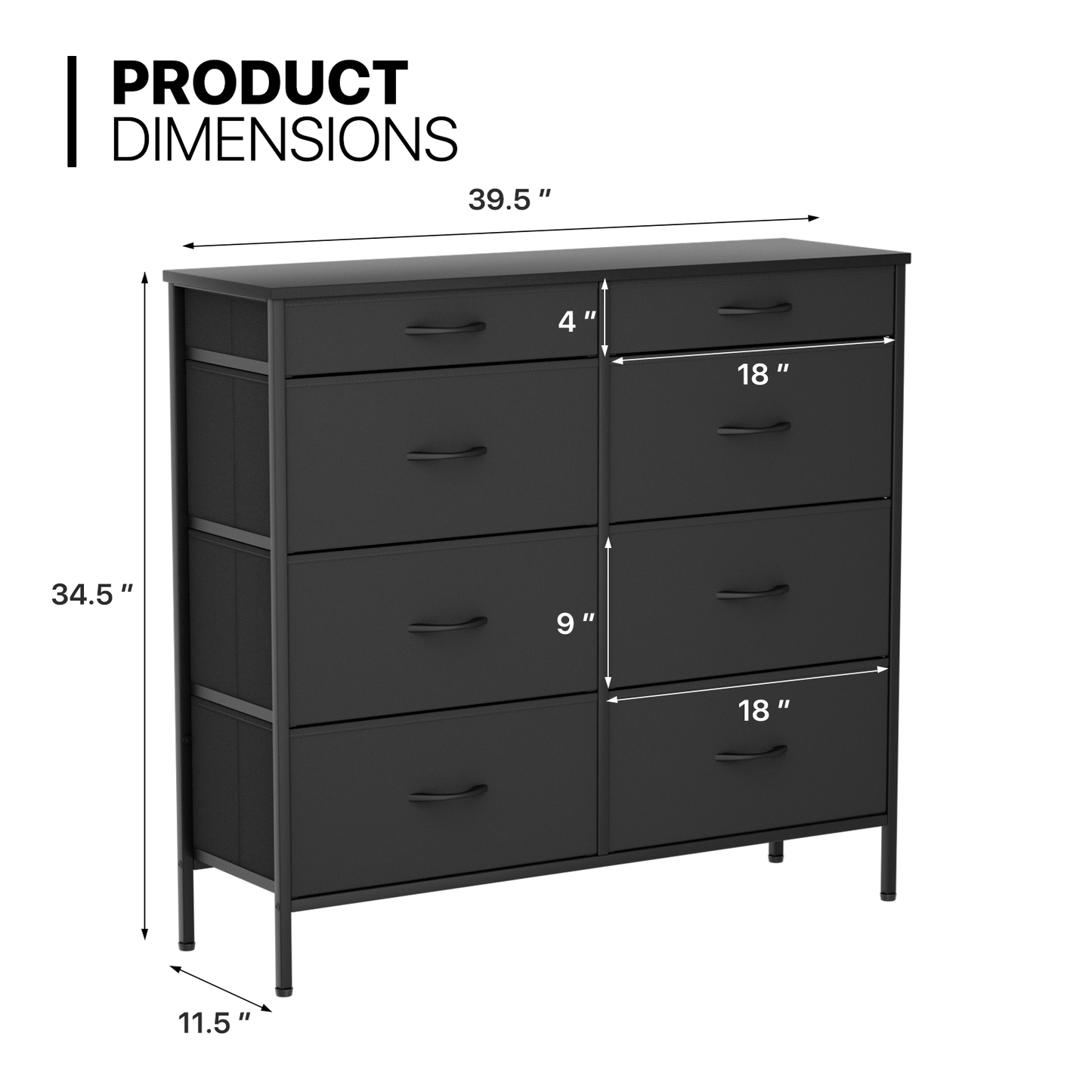 34.5" Height Dresser - 8 Fabric Drawer- Metal Frame - MDF Top