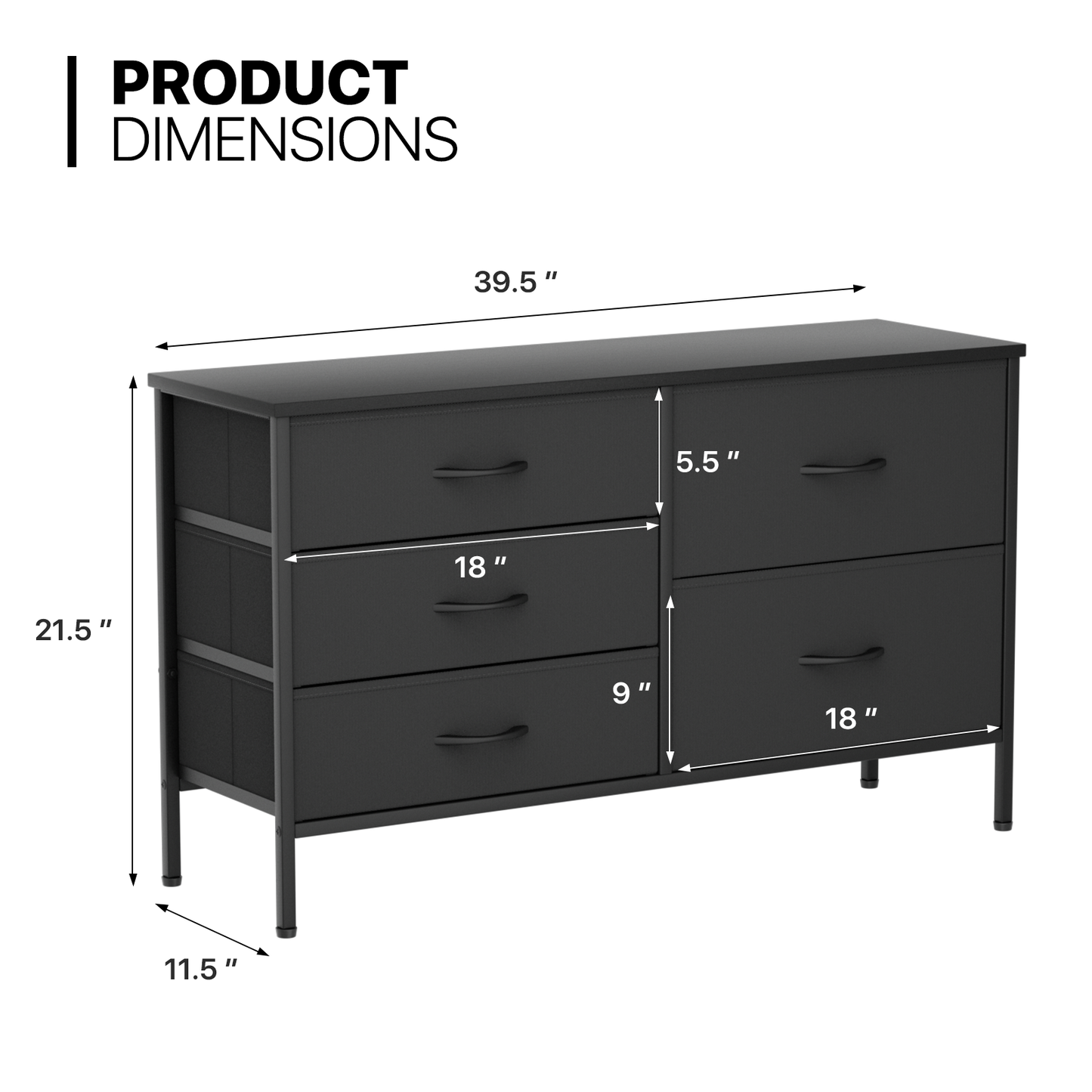 21.5" Height Dresser - 5 Fabric Drawer- Metal Frame - MDF Top